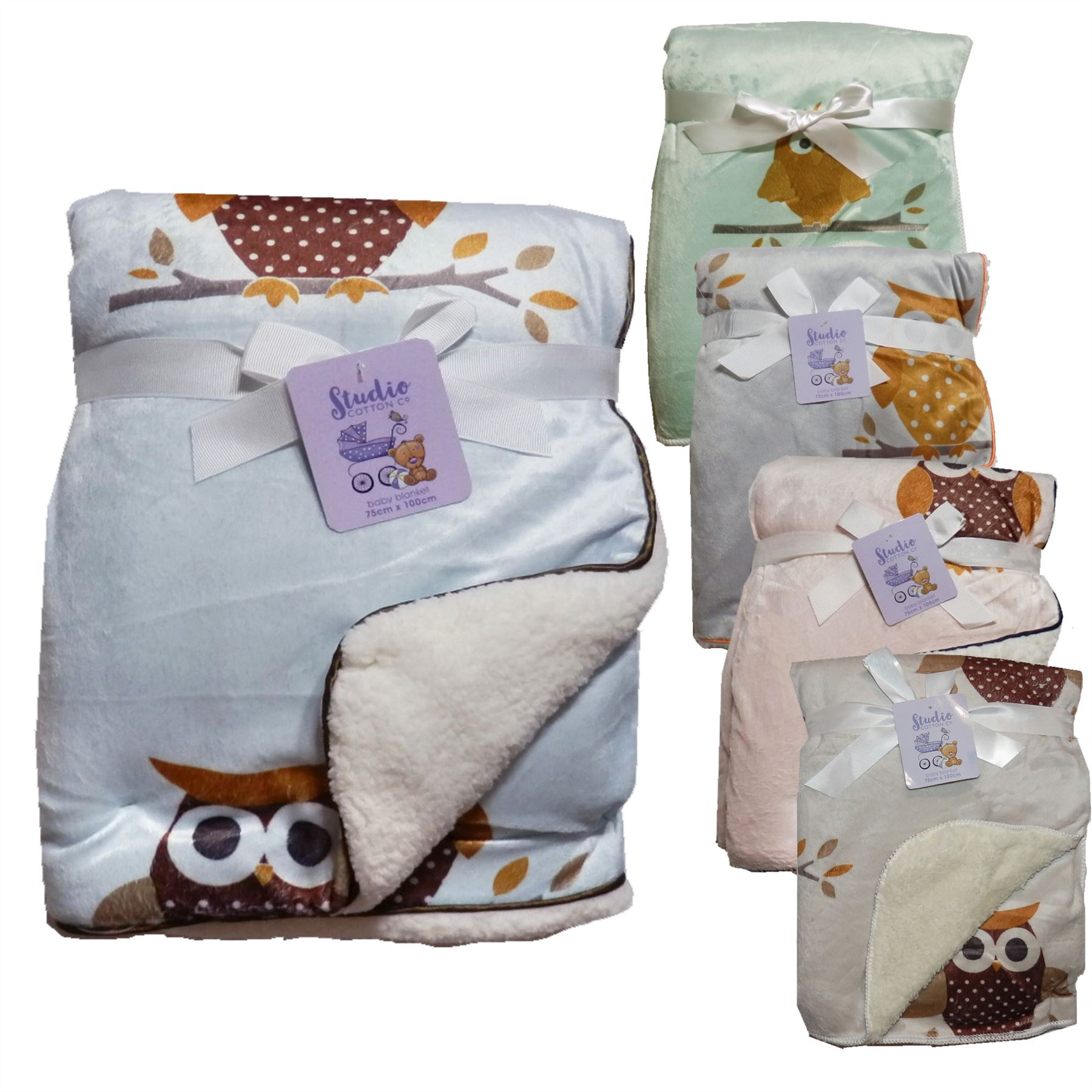 Hibou Bleu vison Sherpa Polaire Baby Crib Pram Moses Couverture 75 x 100 cm