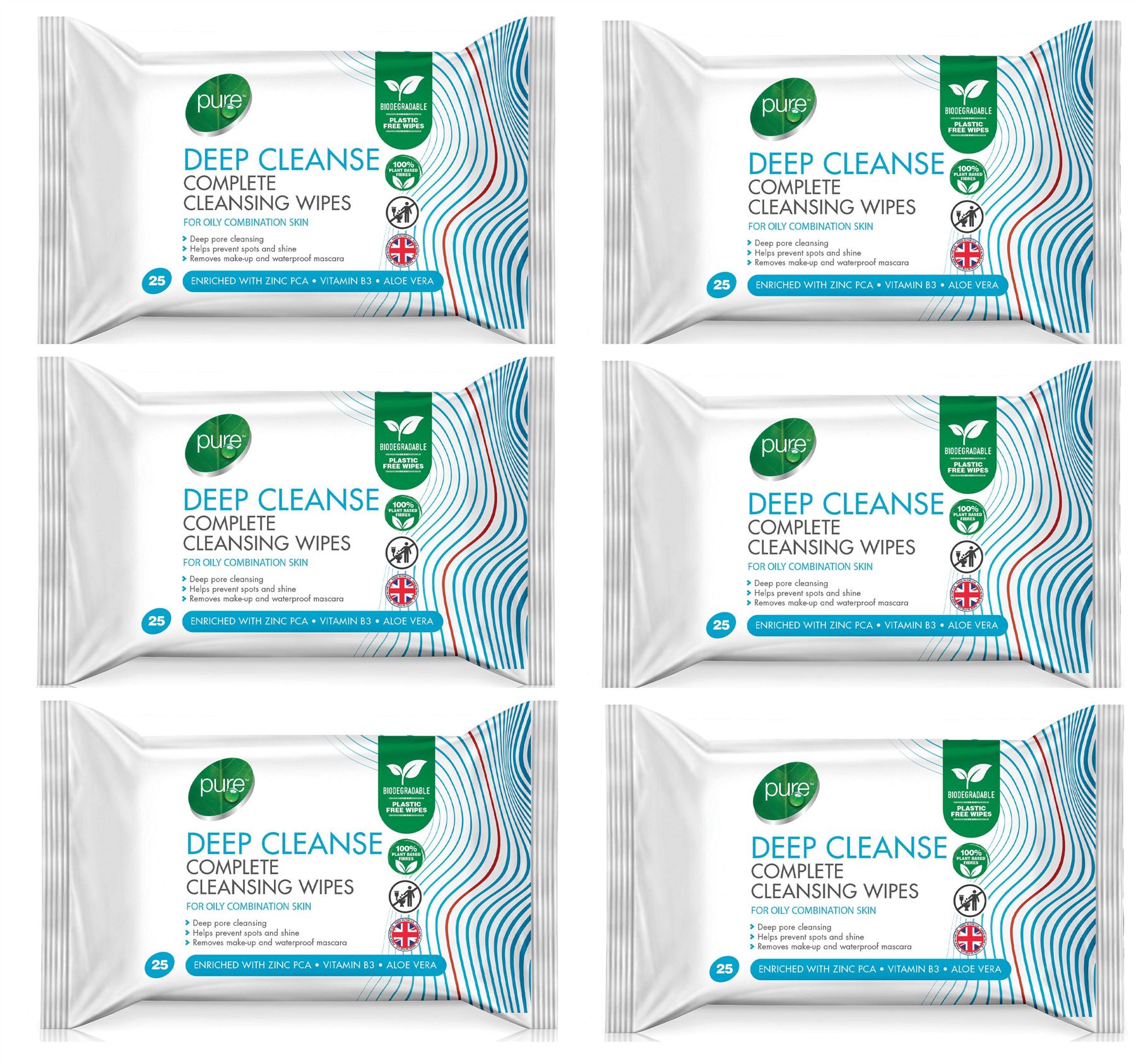6 x PURE FACIAL DEEP CLEANSE COMPLETE MAKE UP REMOVAL FACE CLEANSING WIPES 25'S