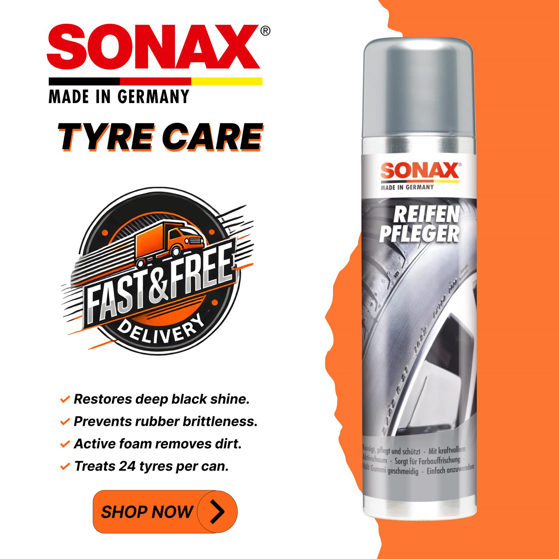 Sonax Tyre Care maintains and protects car tyres and other Rubber Seals 400ml