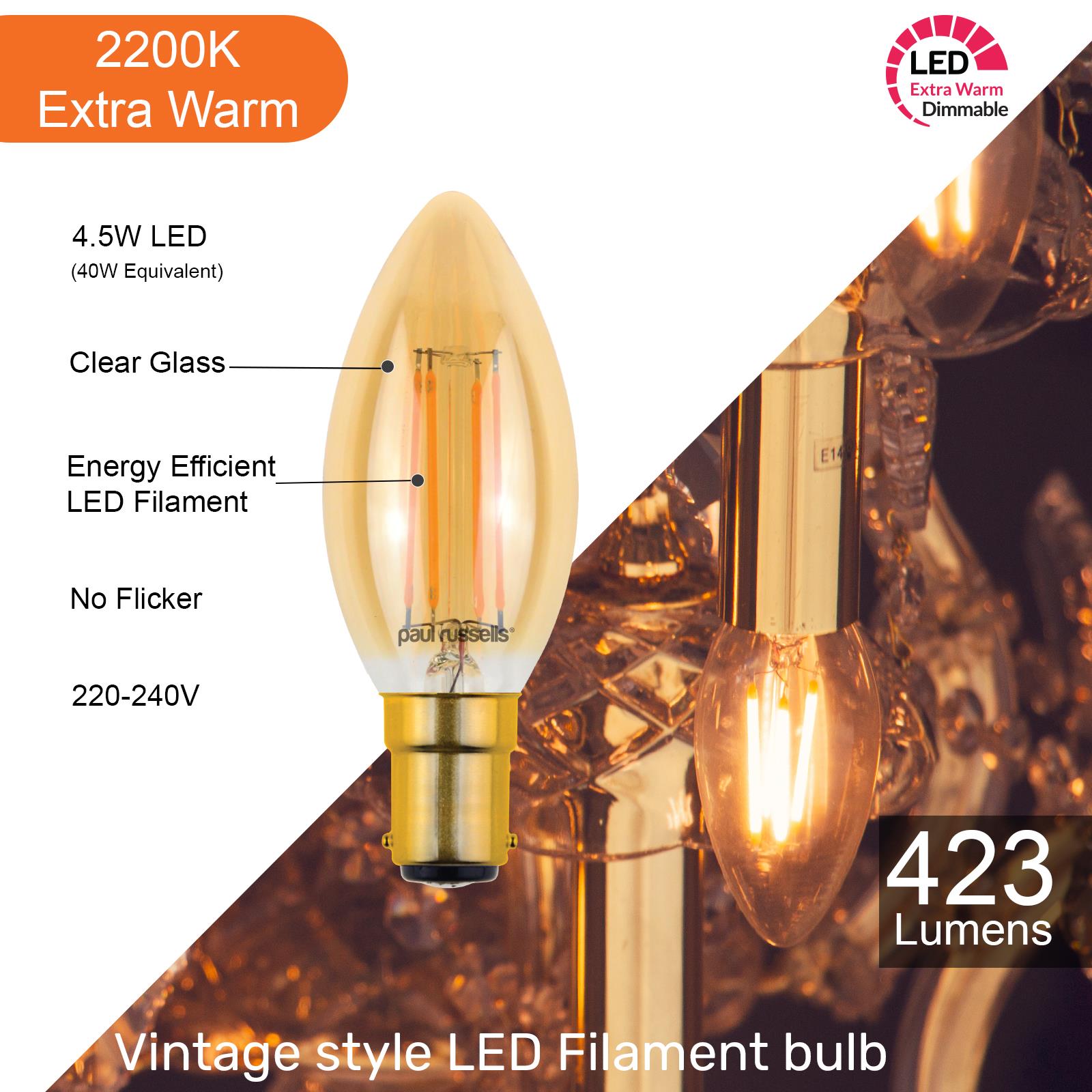 LED Filament Candle Bulb 4.5W=40W Dimmable Energy Saver Extra Warm Bayonet Screw - Picture 12 of 15