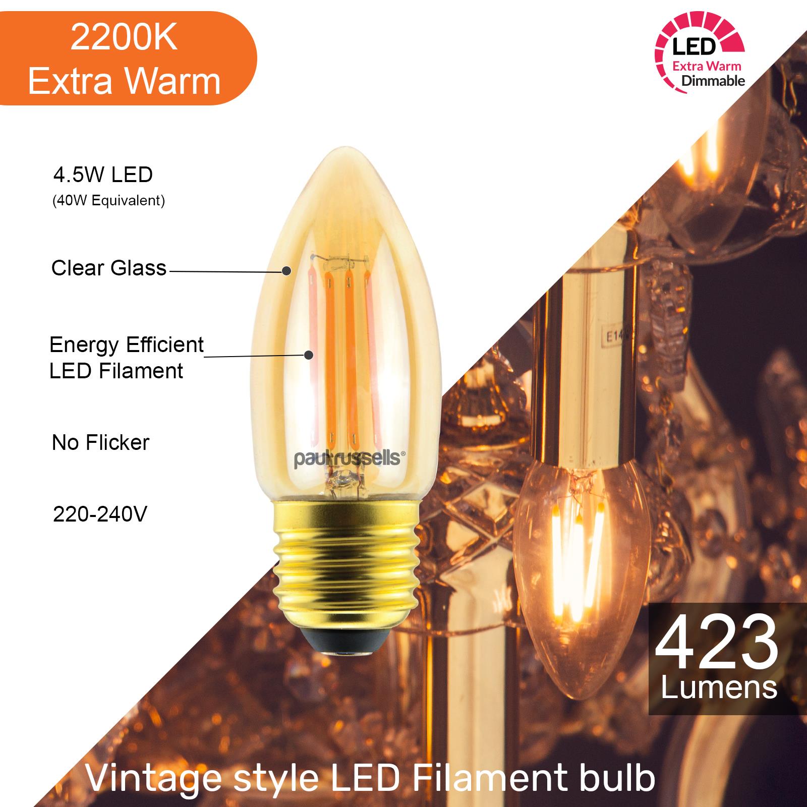 LED Filament Candle Bulb 4.5W=40W Dimmable Energy Saver Extra Warm Bayonet Screw - Picture 10 of 15