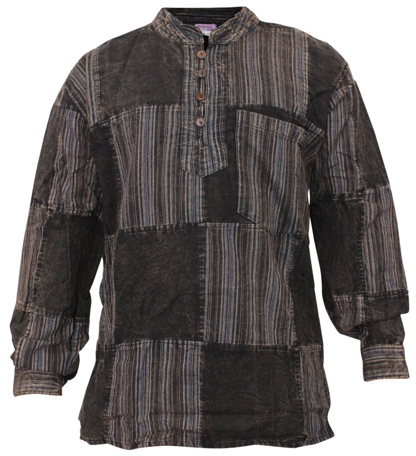 Mens Stonewashed Plain Stripe Patch Hippie Shirt Casual Grandad Style