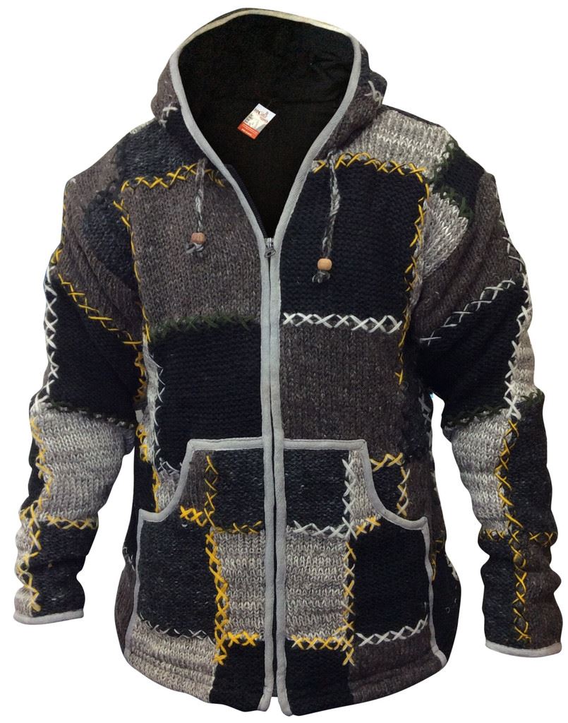 Mens Wool Patchwork Fleece Lined Hippy Jacket Boho Superwarm Winter Zip