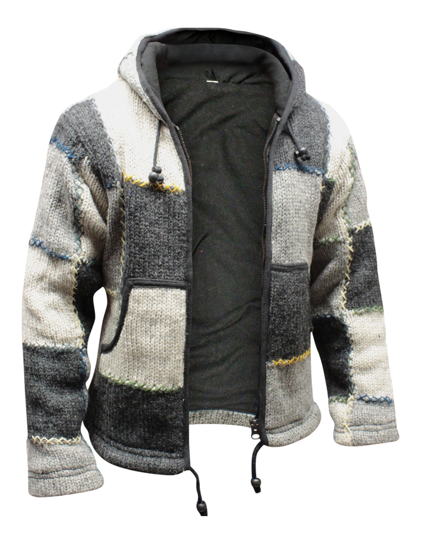 Multi Coloured Festival Wool Patchwork Knit Hippie Hoodie Jacket Boho Cardigan