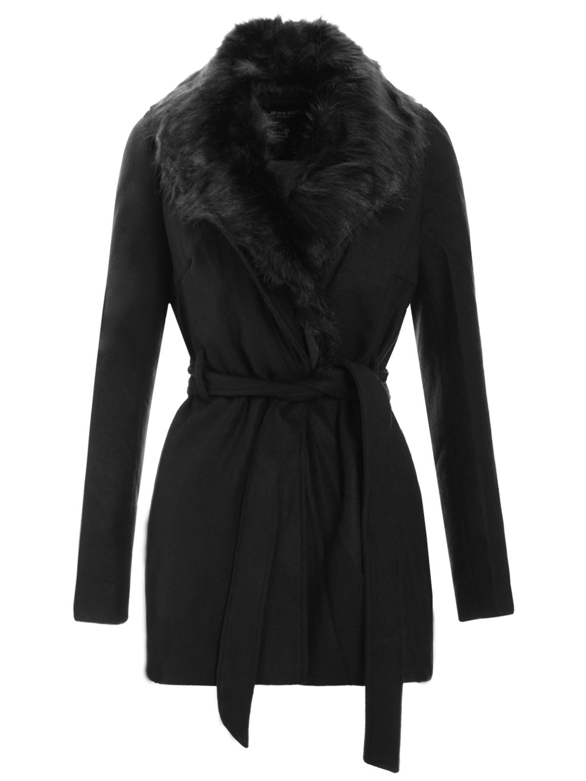 NEW WOMENS LADIES BLACK FUR COLLAR FAUX WOOL BELTED JACKET COAT SIZES 8-24 - Picture 2 of 3