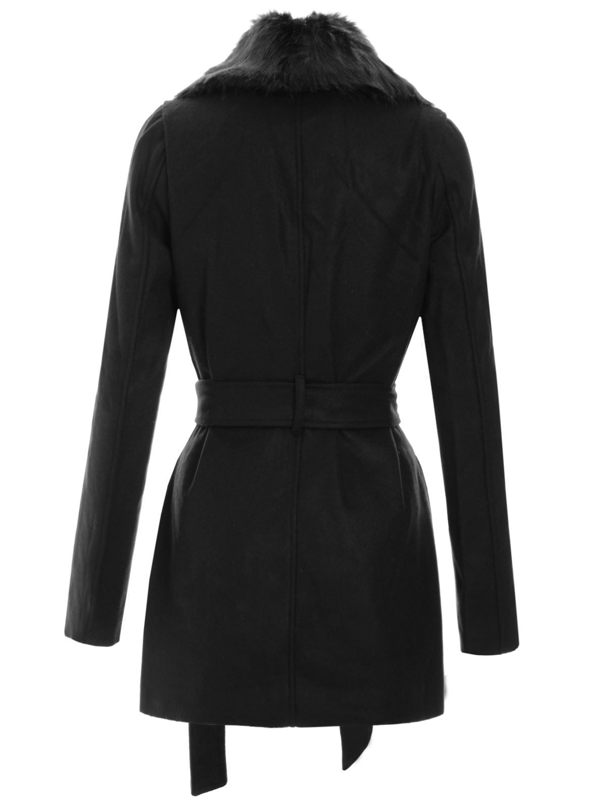 NEW WOMENS LADIES BLACK FUR COLLAR FAUX WOOL BELTED JACKET COAT SIZES 8-24 - Picture 3 of 3