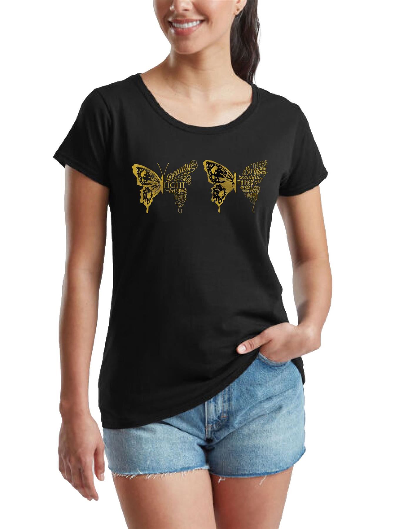 Women's Butterfly patterned Short Sleeve T-Shirt Fancy Butterfly design Top Tee - Picture 3 of 29