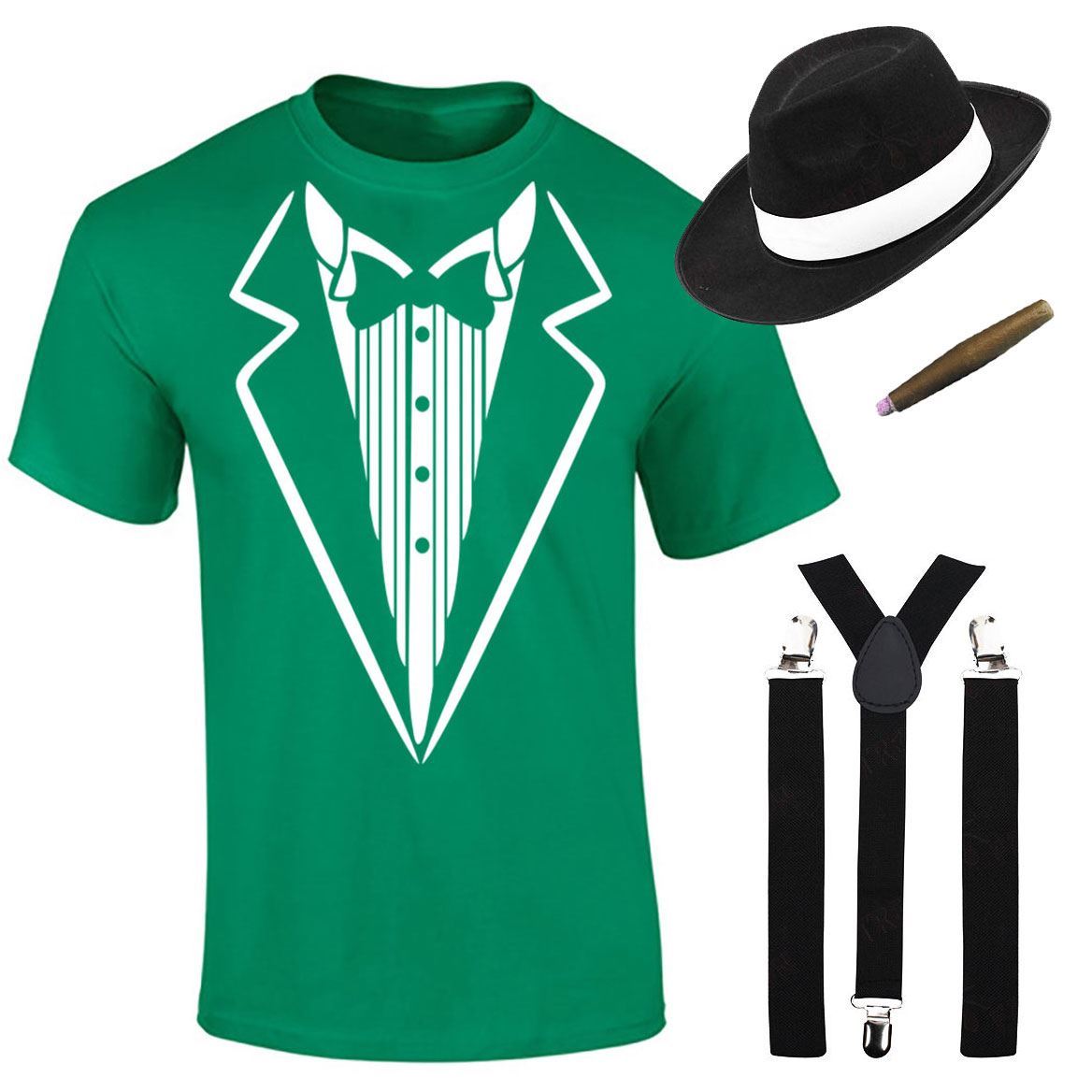 Herren Jungen Gangster bedruckt T-Shirt Hosenträger Hut Zigarre Set Mottoparty Kostüm - Bild 7 von 16