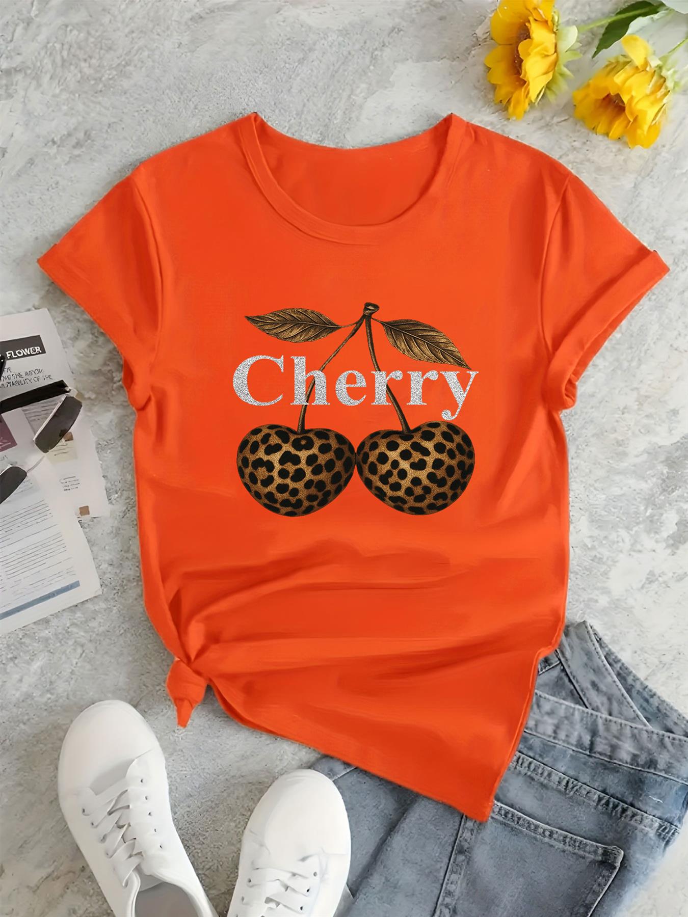 Women Cherry Graphic T-Shirt Leopard Print Short Sleeve Girls Top Tees - Bild 8 von 15