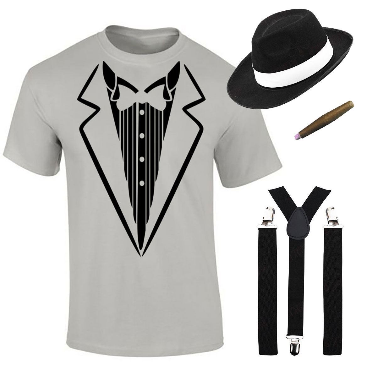 Herren Jungen Gangster bedruckt T-Shirt Hosenträger Hut Zigarre Set Mottoparty Kostüm - Bild 14 von 16