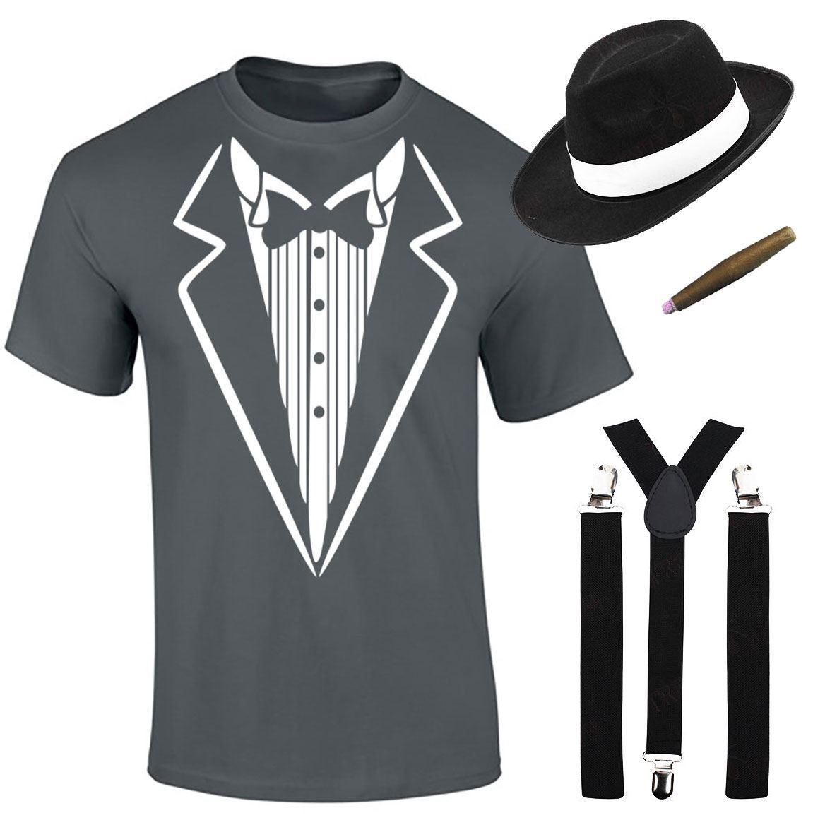 Herren Jungen Gangster bedruckt T-Shirt Hosenträger Hut Zigarre Set Mottoparty Kostüm - Bild 3 von 16