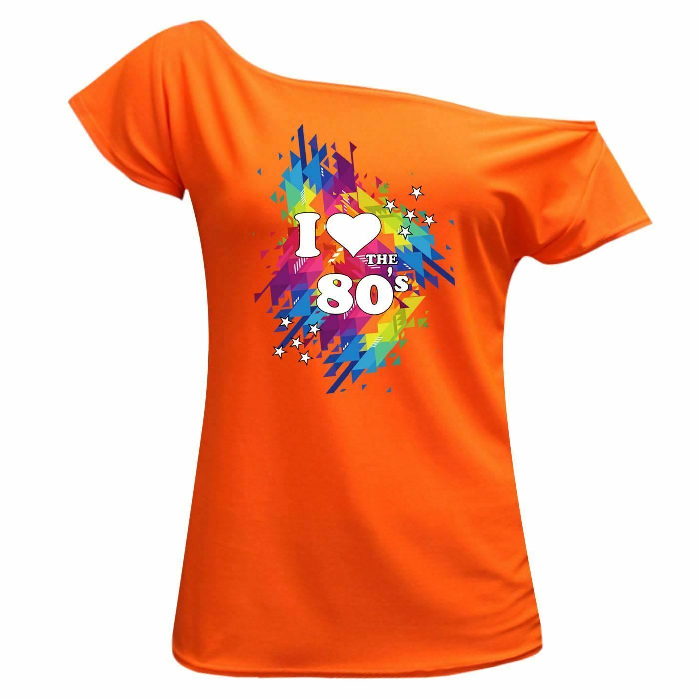 I Love The 80s Off Shoulder T Shirt Women Ladies Splash Print Top Retro