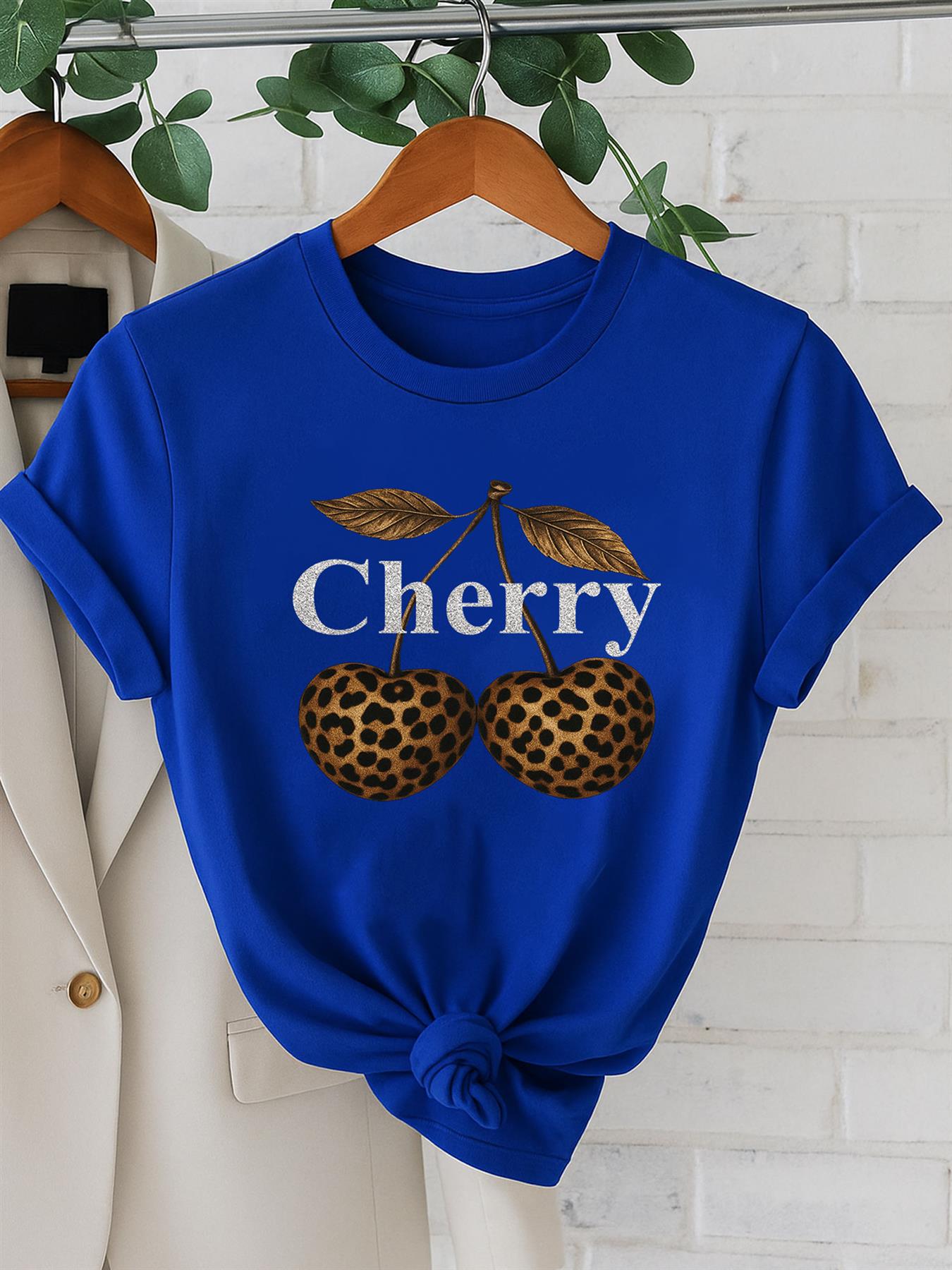 Women Cherry Graphic T-Shirt Leopard Print Short Sleeve Girls Top Tees - Bild 11 von 15