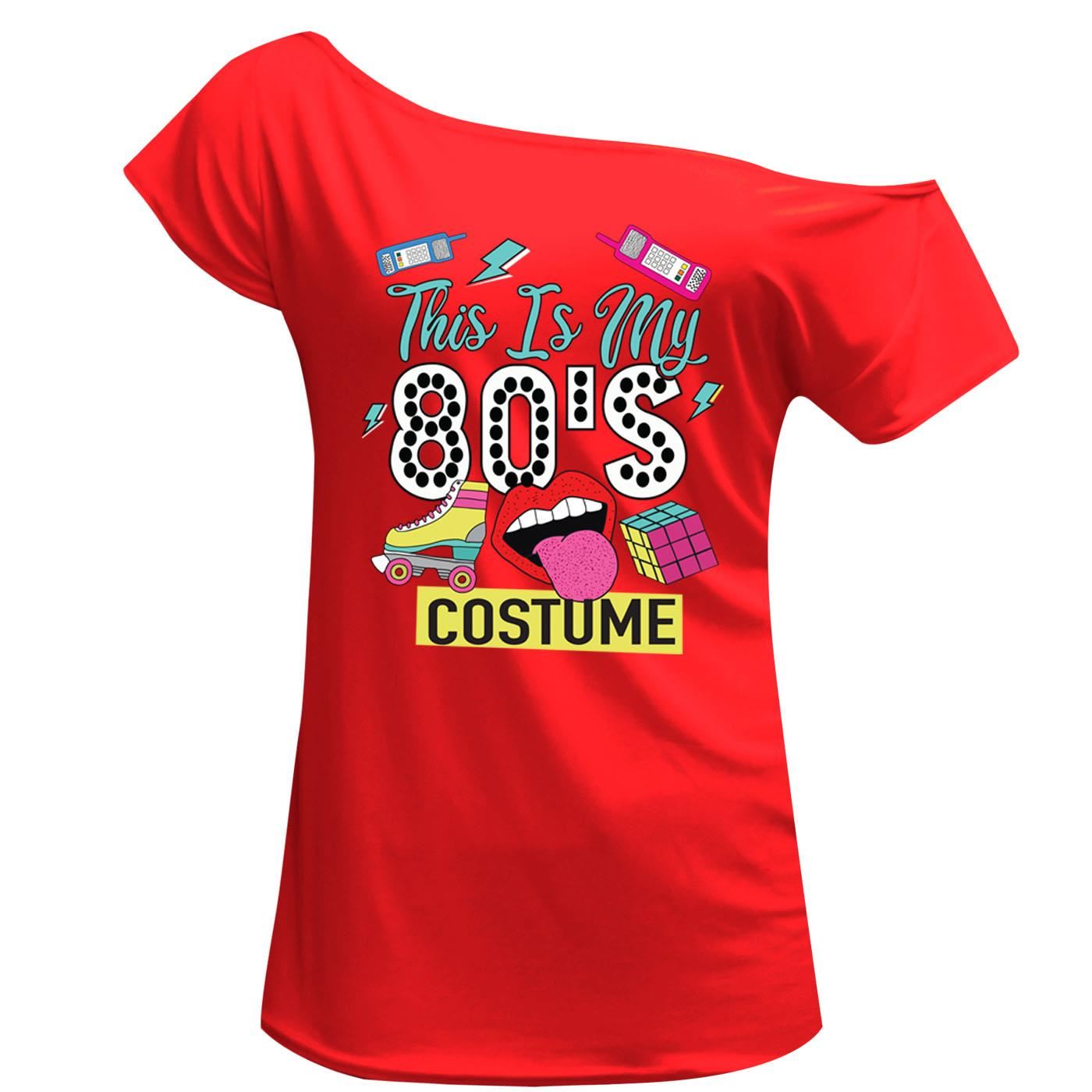 This Is My 80s Costume Print T Shirt Off Shoulder Ladies Novelty Top - Picture 6 of 12