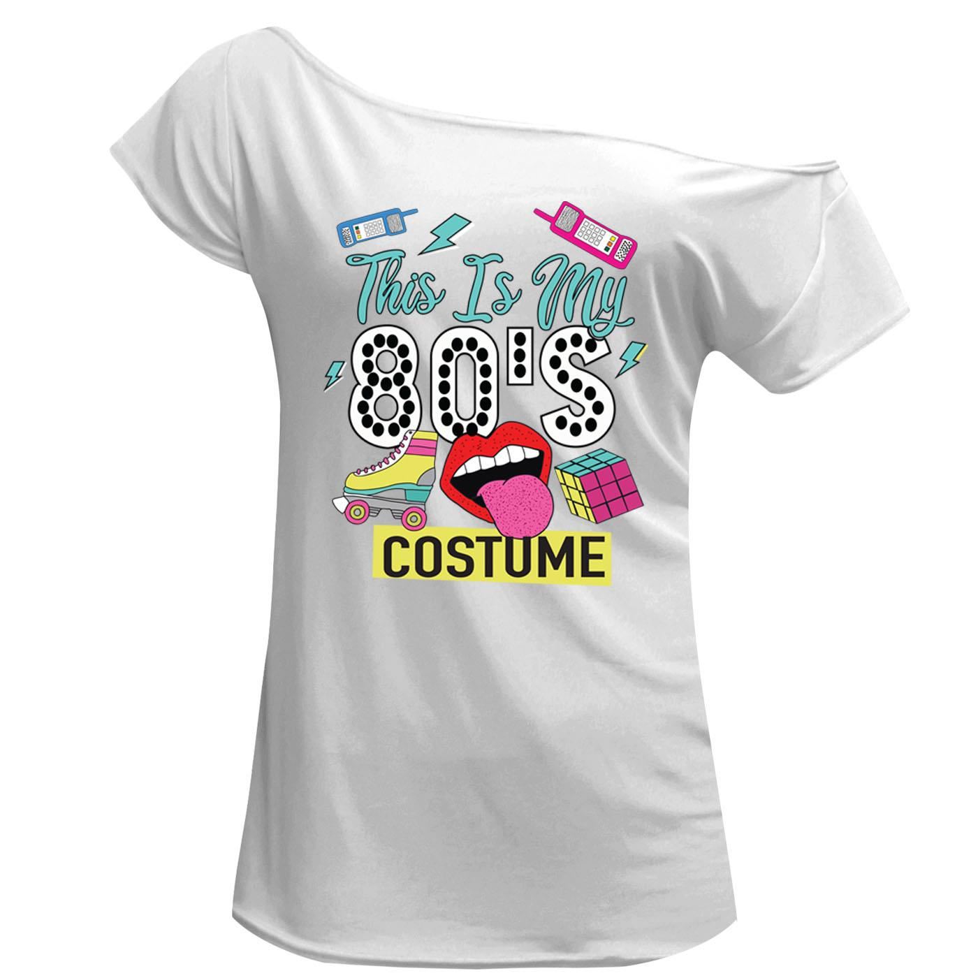 This Is My 80s Costume Print T Shirt Off Shoulder Ladies Novelty Top - Picture 10 of 12