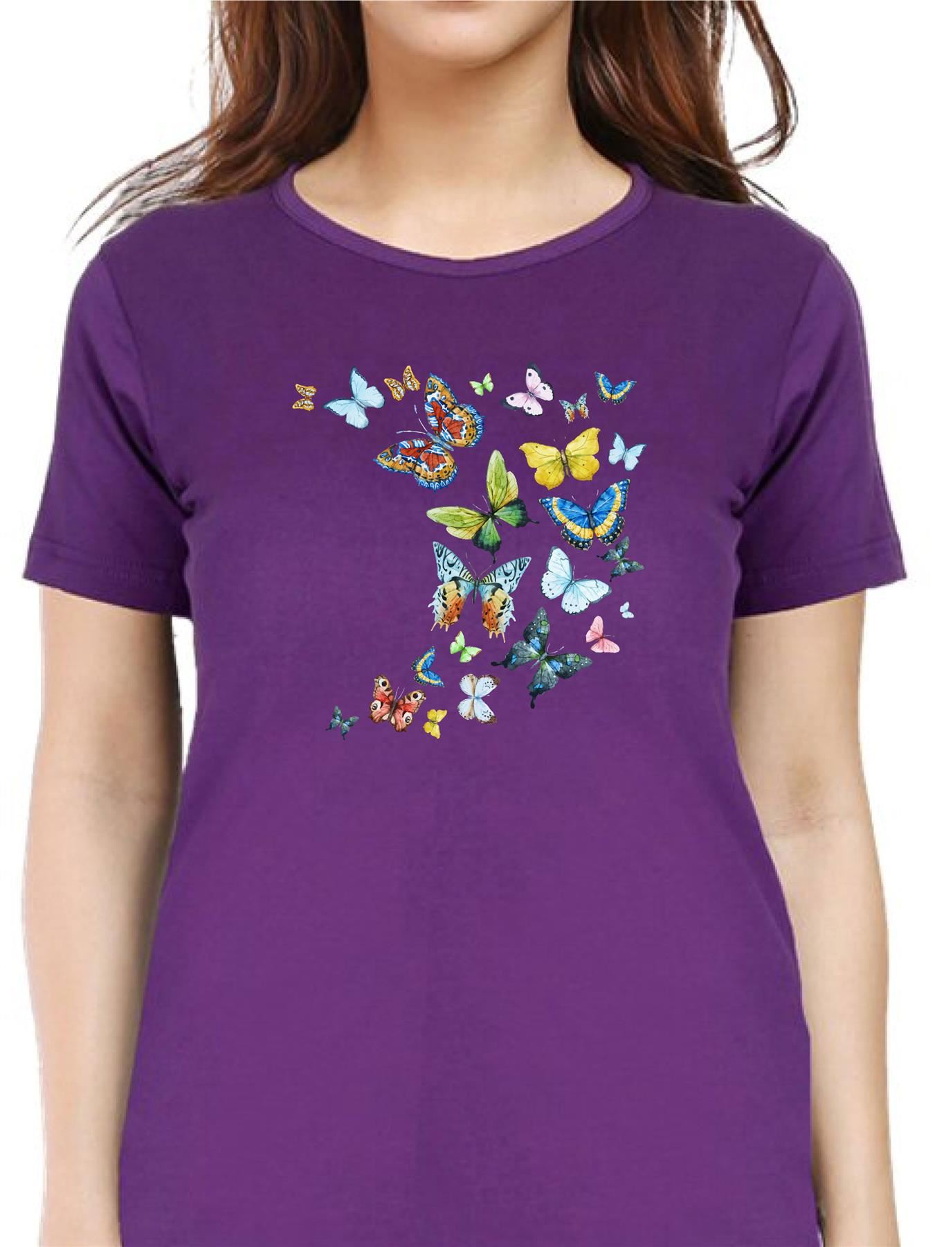 Women's Butterfly patterned Short Sleeve T-Shirt Fancy Butterfly design Top Tee - Picture 17 of 29