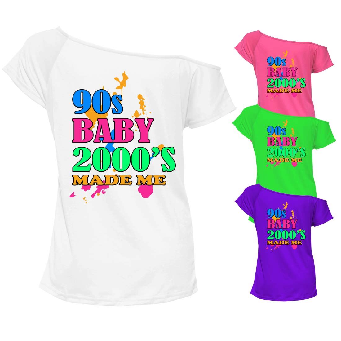 Ladies 90s Baby 2000s Made Me T-shirt Top Off Shoulder Retro Hen Party 6990Lot