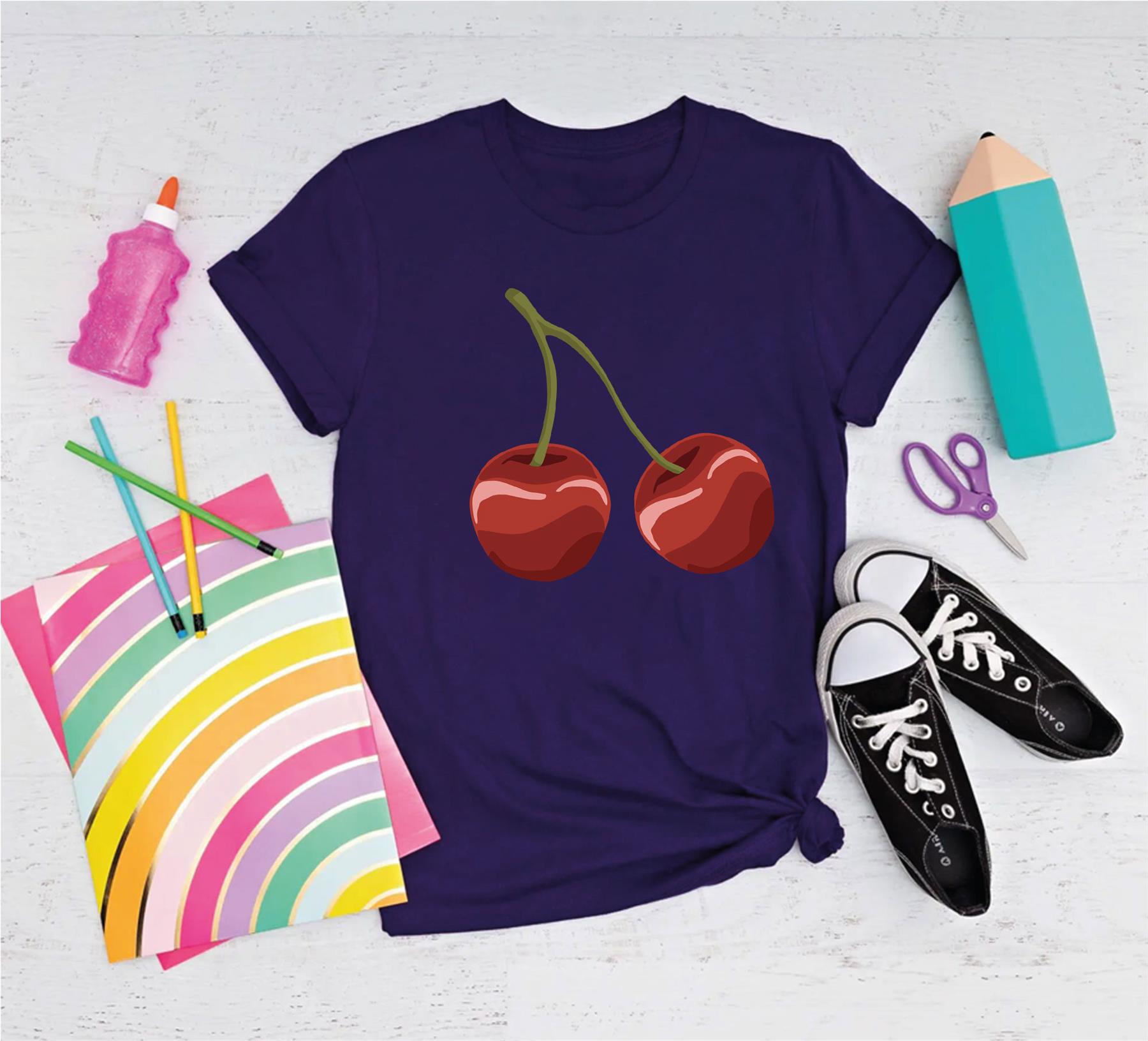Women's Cherry Graphic T-Shirt Short Sleeve Girls Crew Neck Casual Trendy Top - Picture 10 of 16