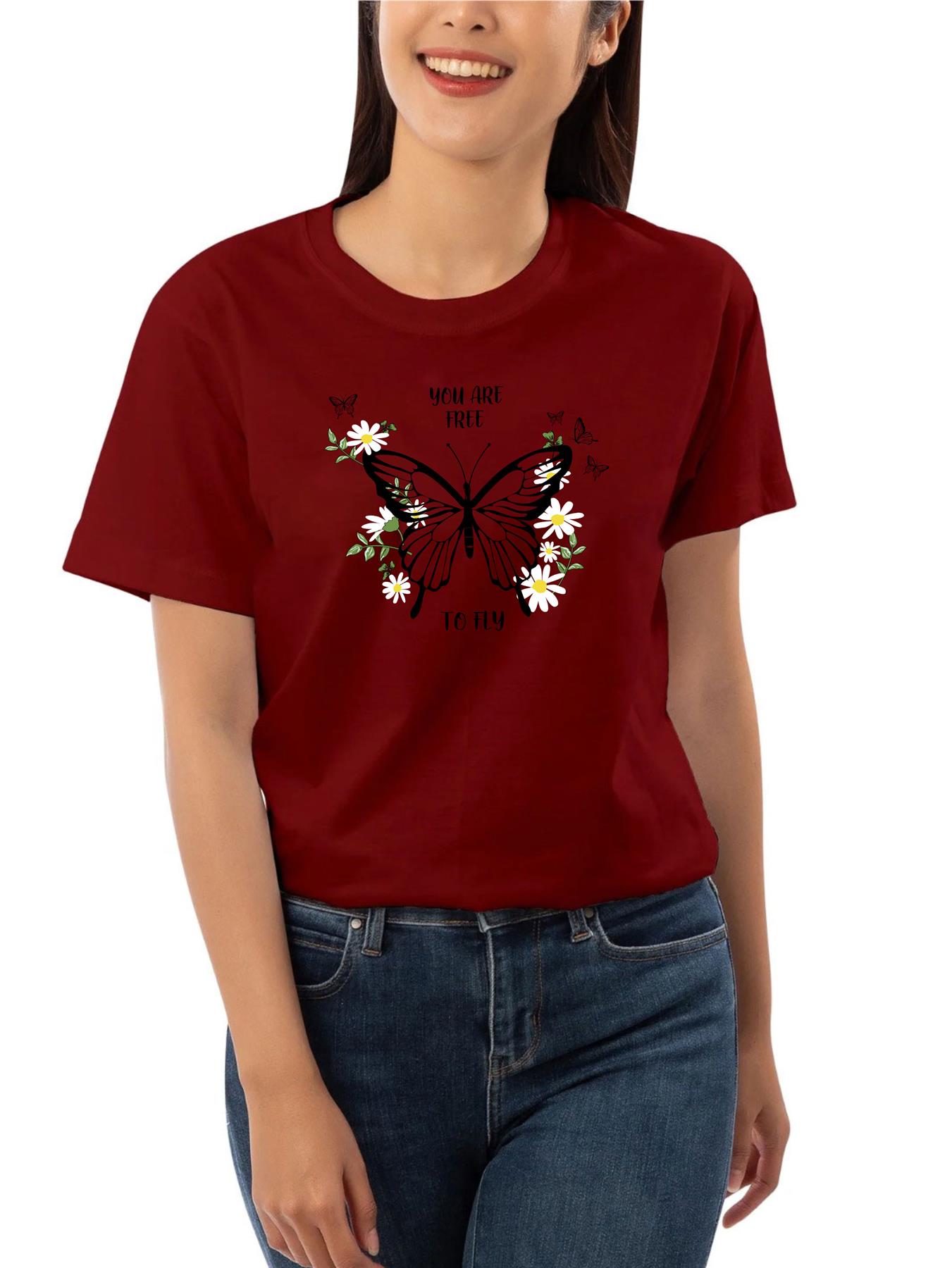 Women's Butterfly patterned Short Sleeve T-Shirt Fancy Butterfly design Top Tee - Picture 25 of 29