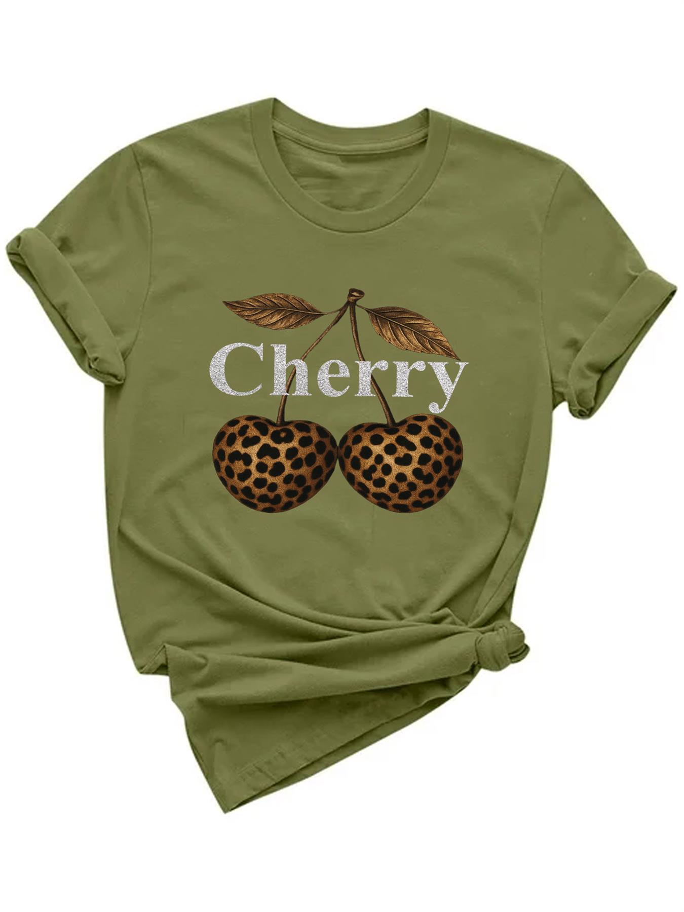 Women Cherry Graphic T-Shirt Leopard Print Short Sleeve Girls Top Tees - Bild 7 von 15