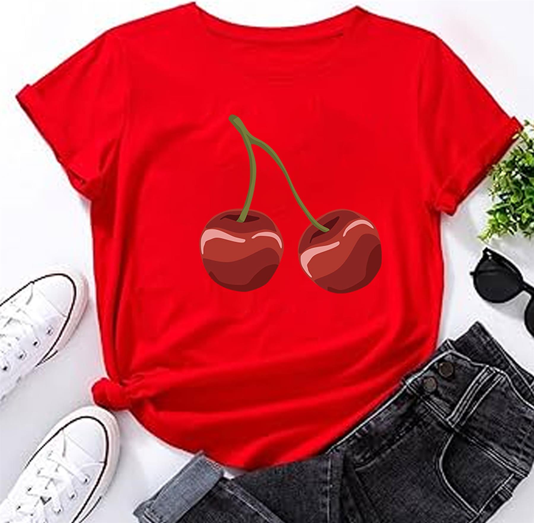 Women's Cherry Graphic T-Shirt Short Sleeve Girls Crew Neck Casual Trendy Top - Picture 12 of 16