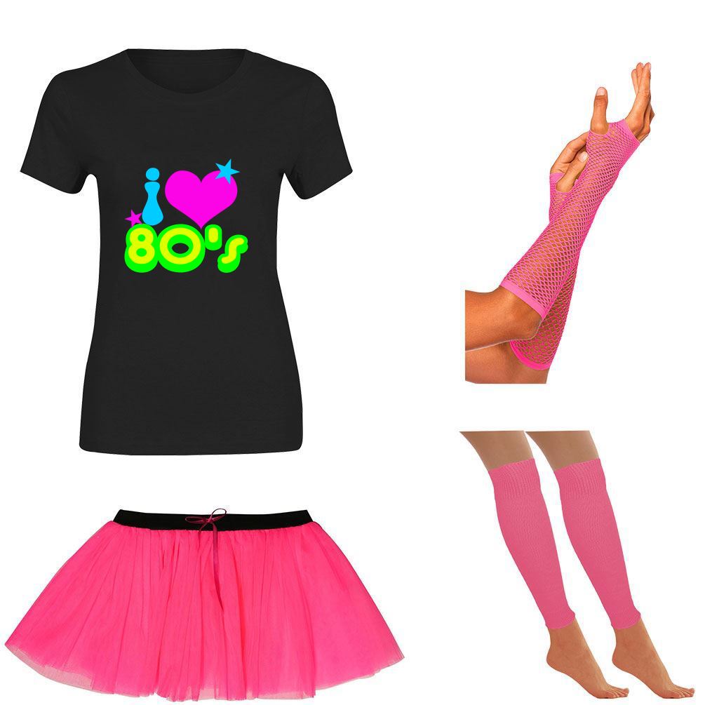 NEON TUTU SKIRT FANCY DRESS SET 3PC LEGWARMERS FISHNET GLOVES 80/'S HEN PARTY