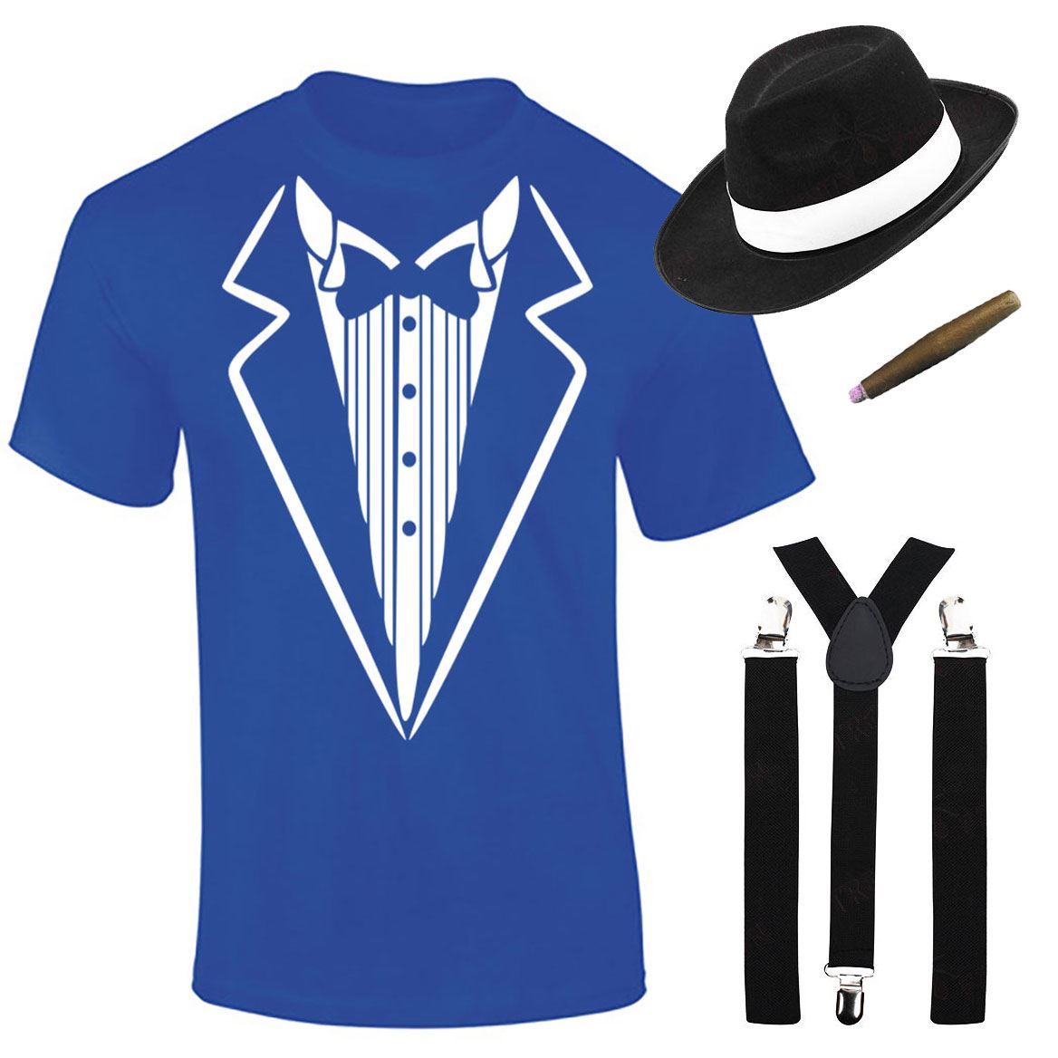 Herren Jungen Gangster bedruckt T-Shirt Hosenträger Hut Zigarre Set Mottoparty Kostüm - Bild 10 von 16