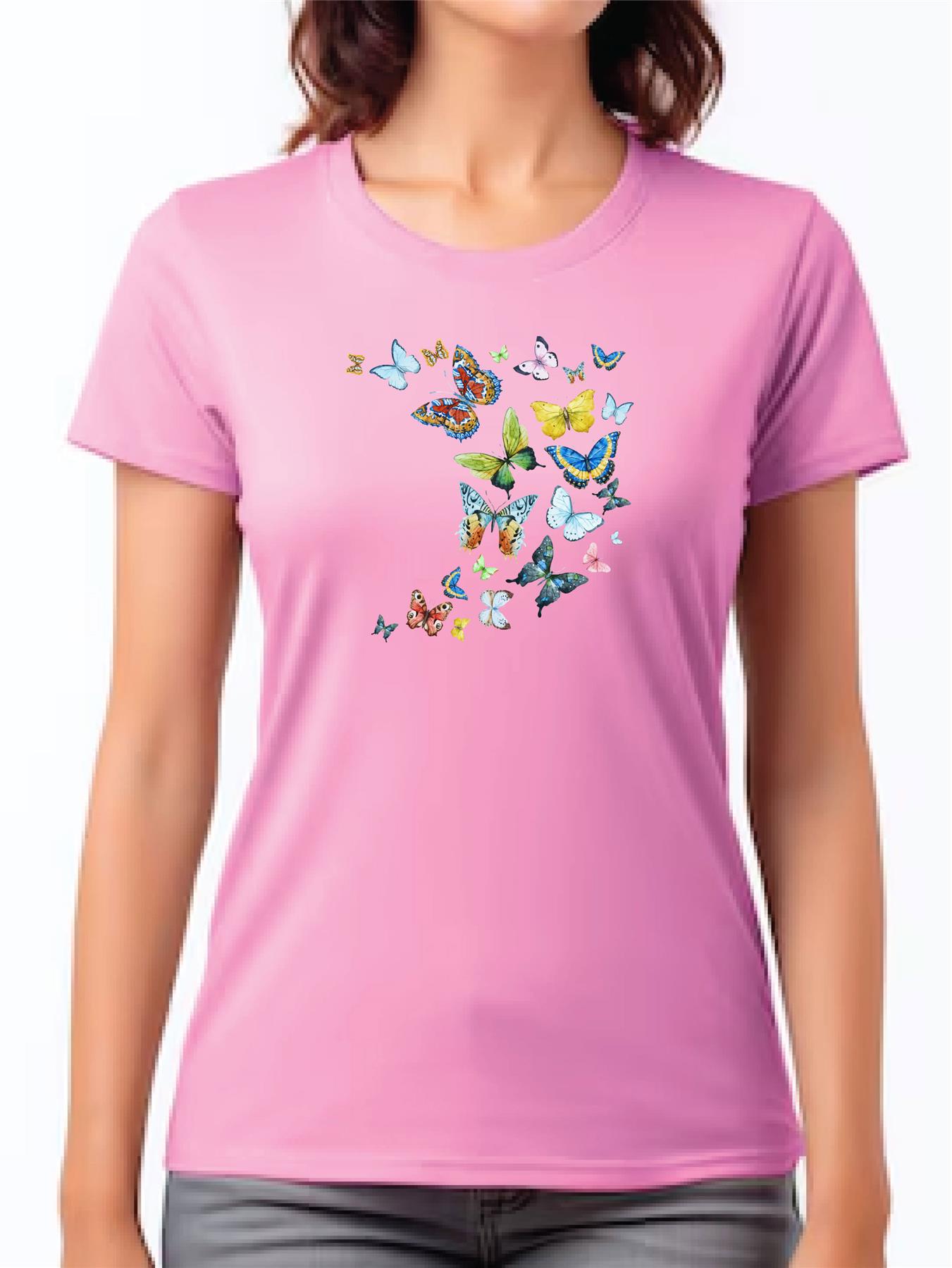 Women's Butterfly patterned Short Sleeve T-Shirt Fancy Butterfly design Top Tee - Picture 14 of 29