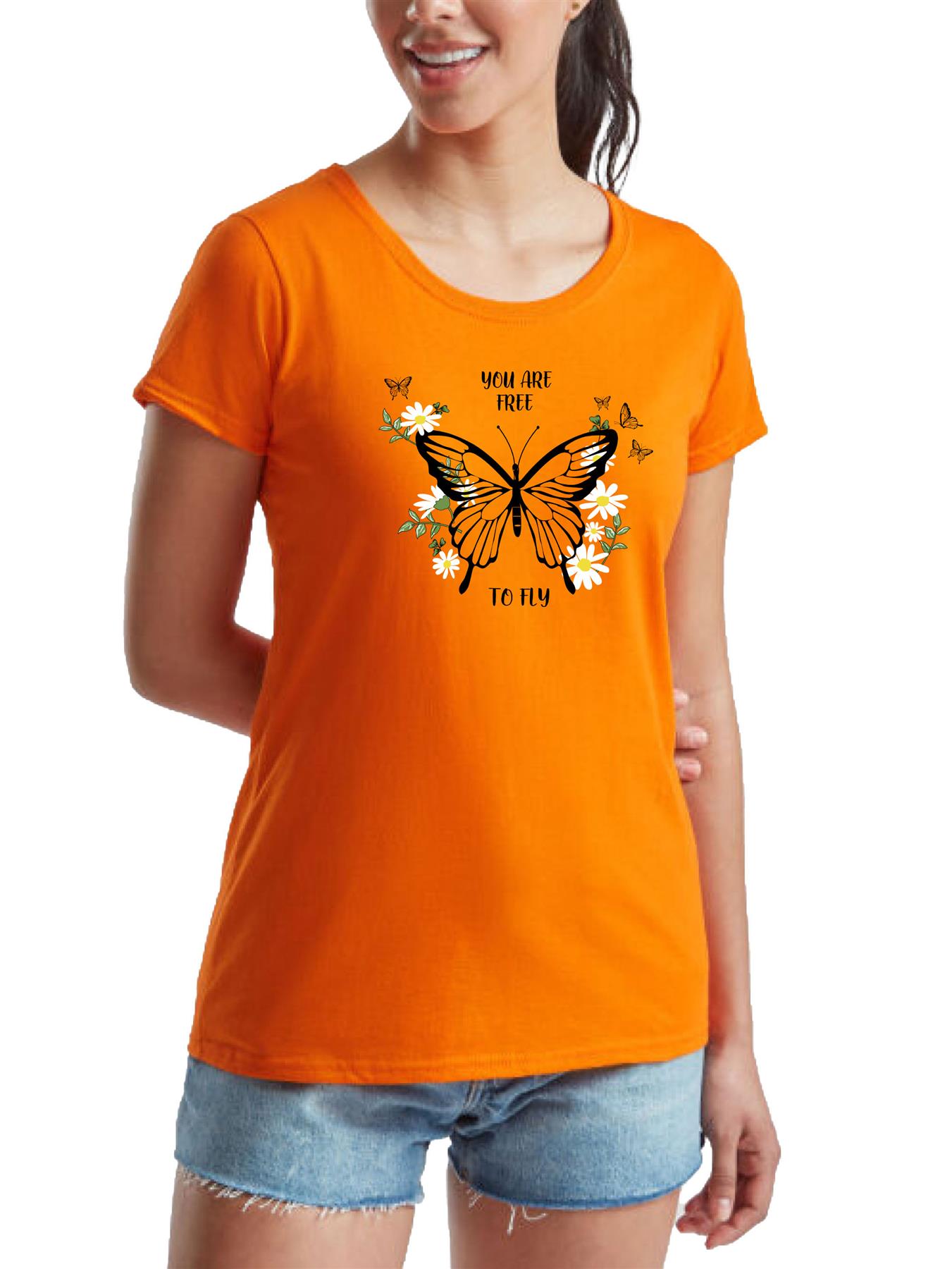 Women's Butterfly patterned Short Sleeve T-Shirt Fancy Butterfly design Top Tee - Picture 10 of 29