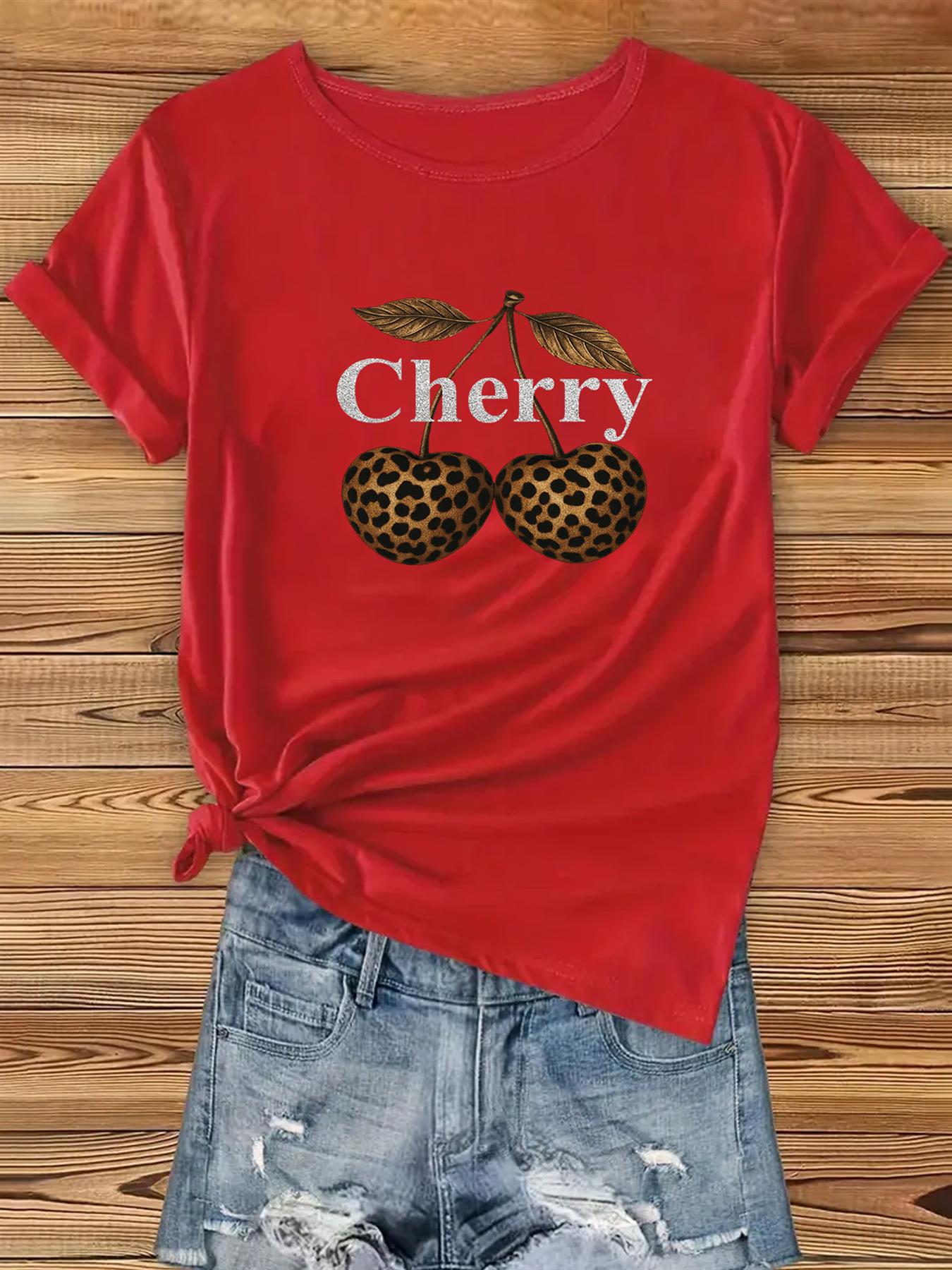 Women Cherry Graphic T-Shirt Leopard Print Short Sleeve Girls Top Tees - Bild 10 von 15