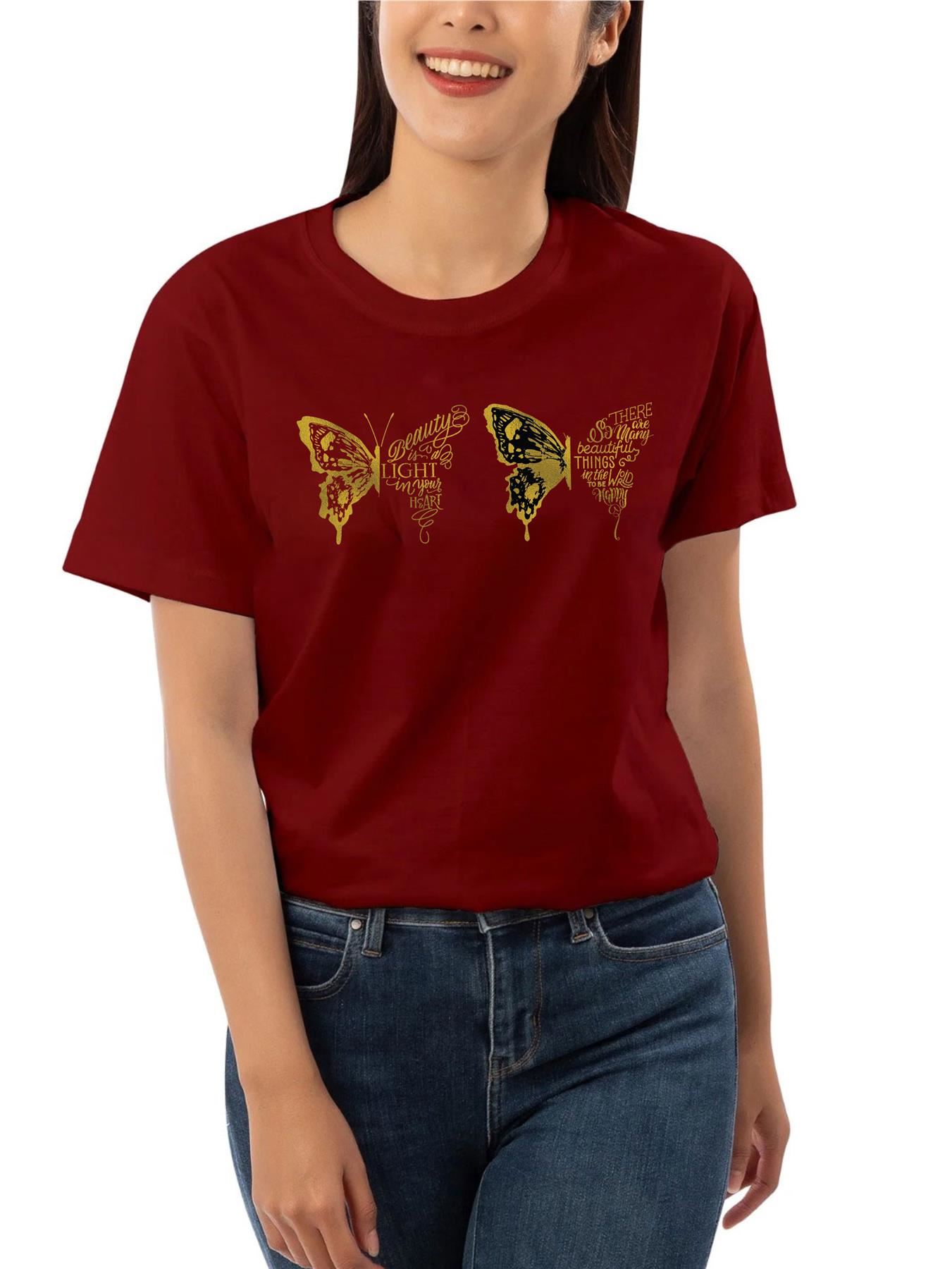Women's Butterfly patterned Short Sleeve T-Shirt Fancy Butterfly design Top Tee - Picture 24 of 29