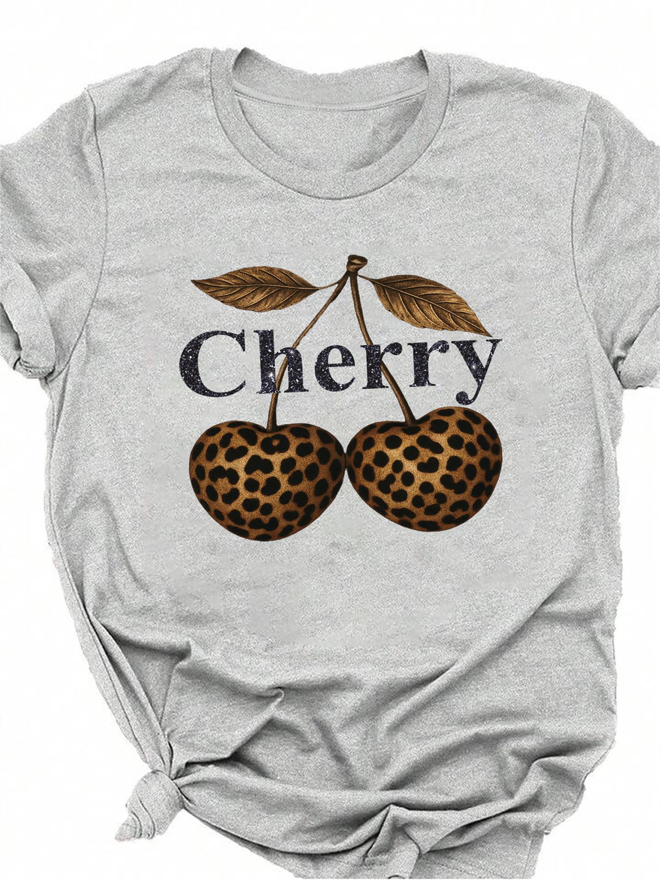 Women Cherry Graphic T-Shirt Leopard Print Short Sleeve Girls Top Tees - Bild 5 von 15