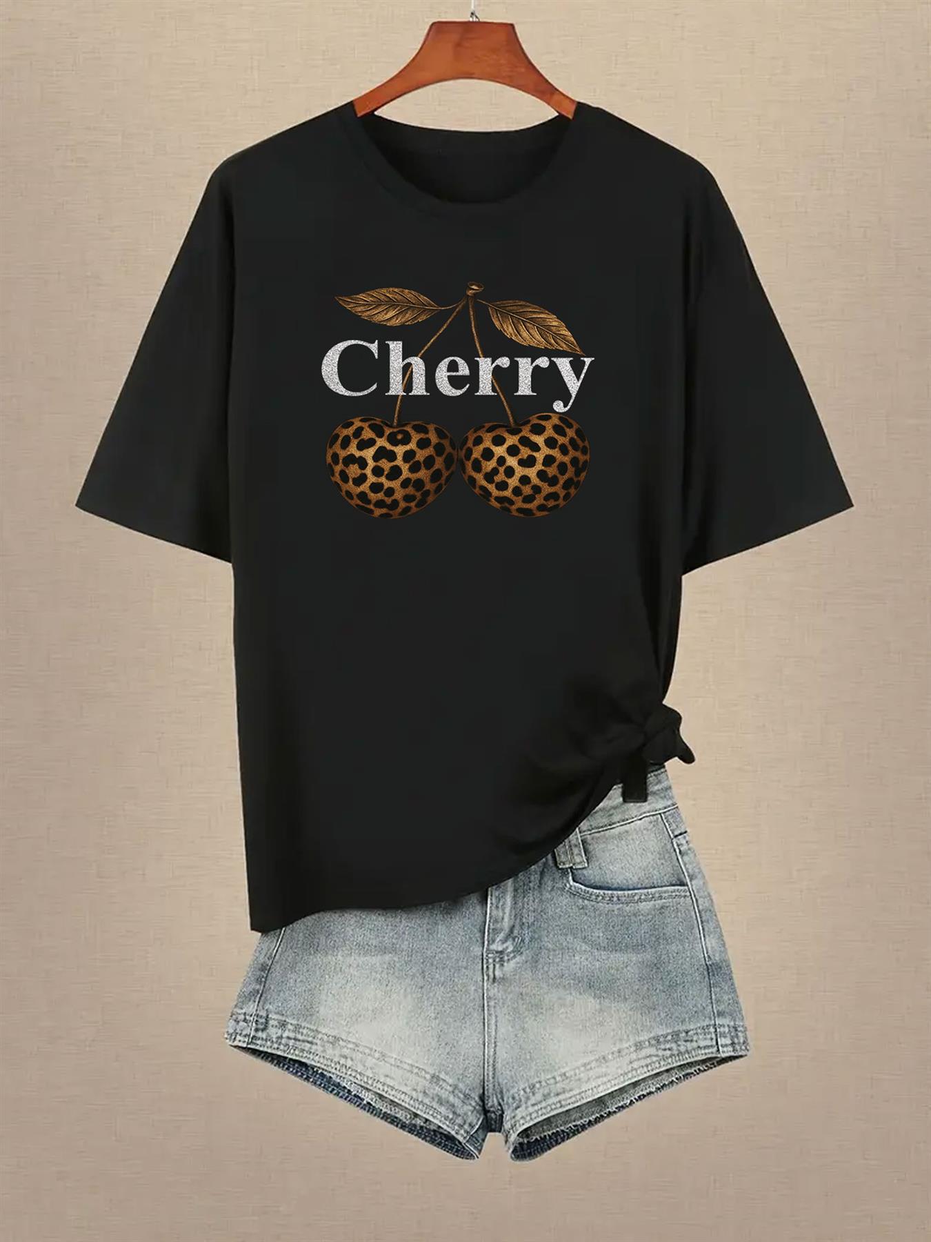 Women Cherry Graphic T-Shirt Leopard Print Short Sleeve Girls Top Tees - Bild 1 von 15