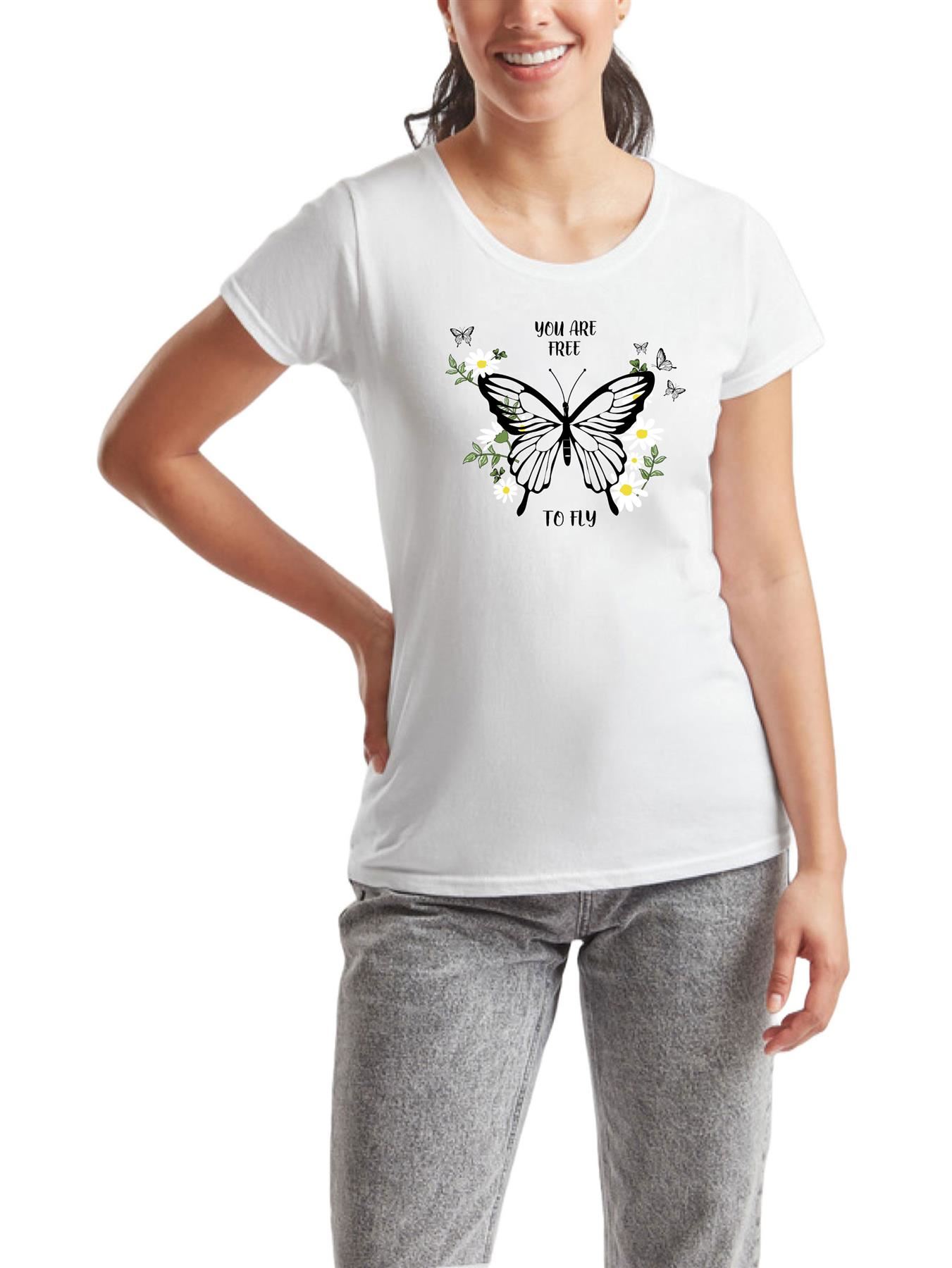Women's Butterfly patterned Short Sleeve T-Shirt Fancy Butterfly design Top Tee - Picture 22 of 29