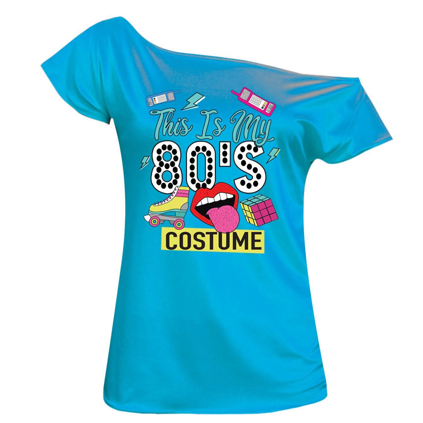 This Is My 80s Costume Print T Shirt Off Shoulder Ladies Novelty Top - Picture 8 of 12