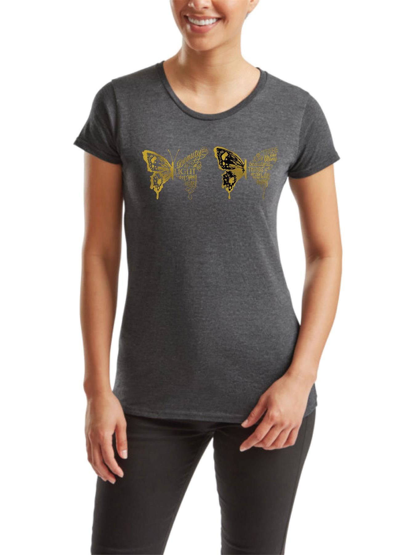 Women's Butterfly patterned Short Sleeve T-Shirt Fancy Butterfly design Top Tee - Picture 6 of 29