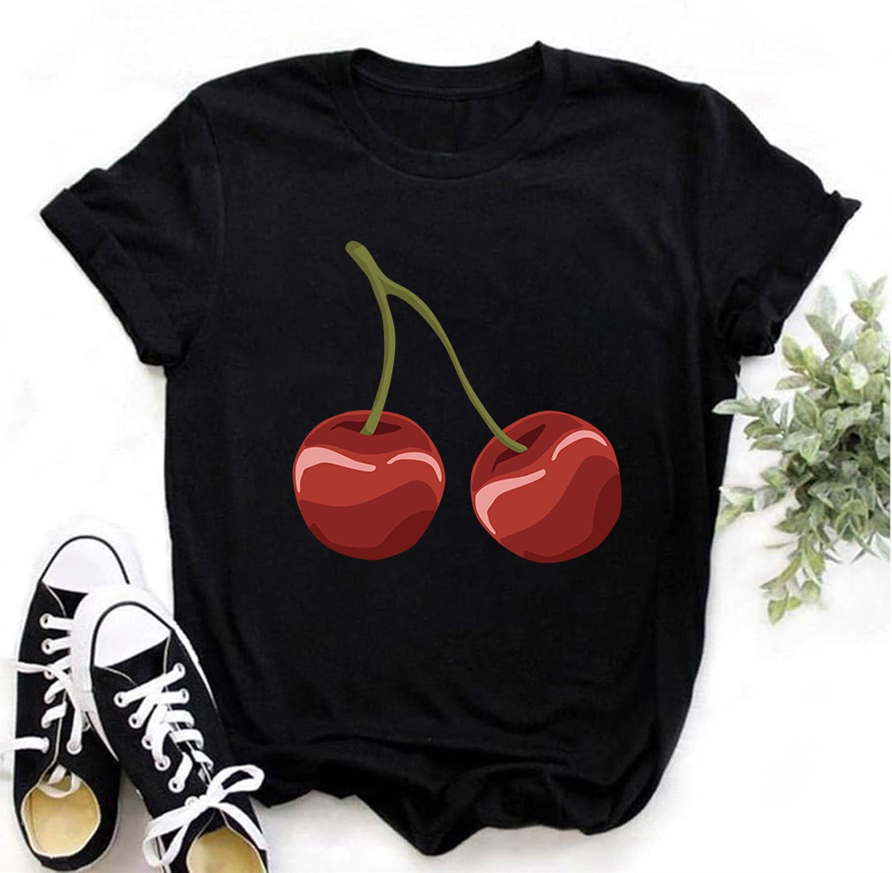 Women Cherry Graphic T-Shirt Casual Short Sleeve Crew Neck Girls Gift Top Tees 