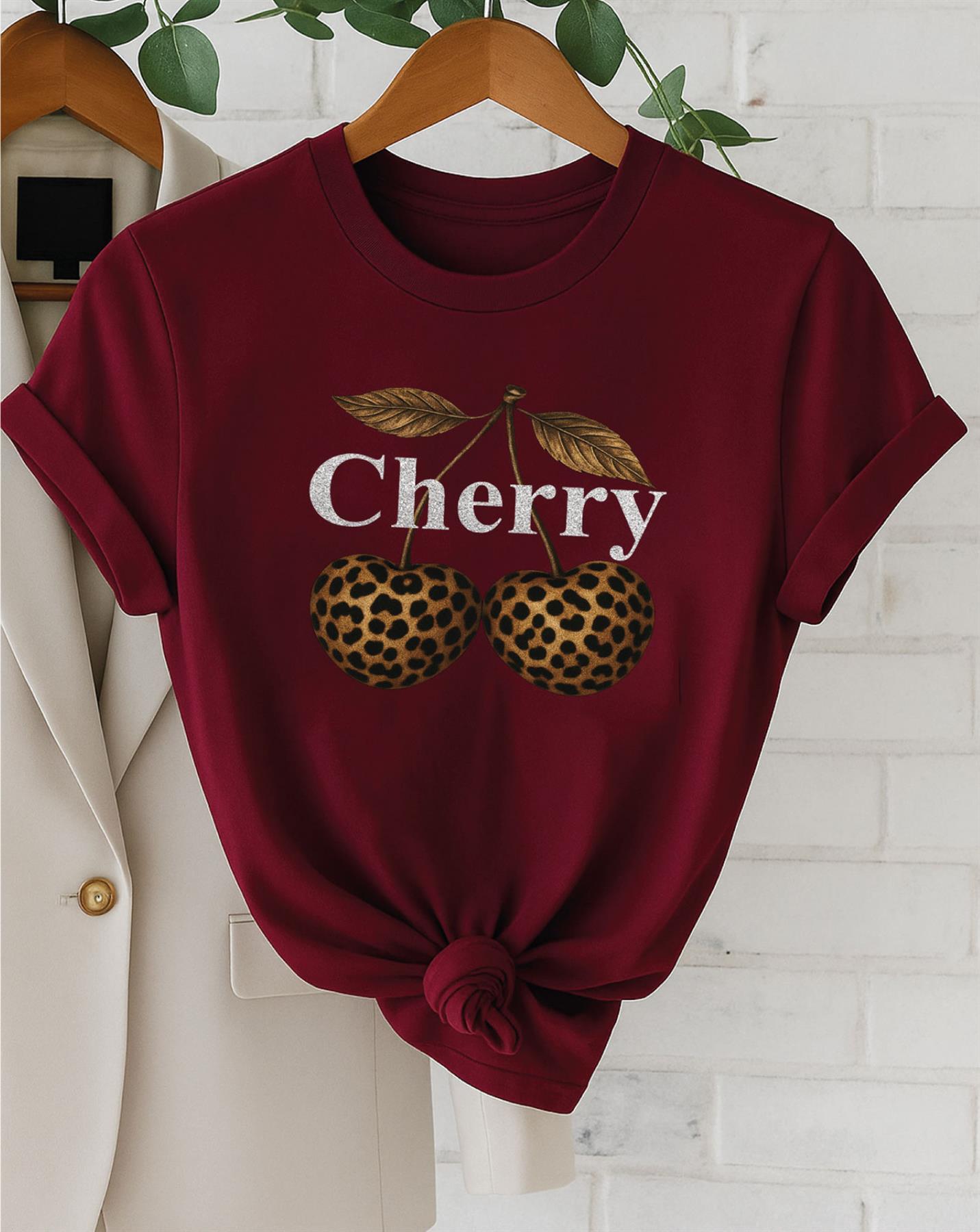 Women Cherry Graphic T-Shirt Leopard Print Short Sleeve Girls Top Tees - Bild 14 von 15