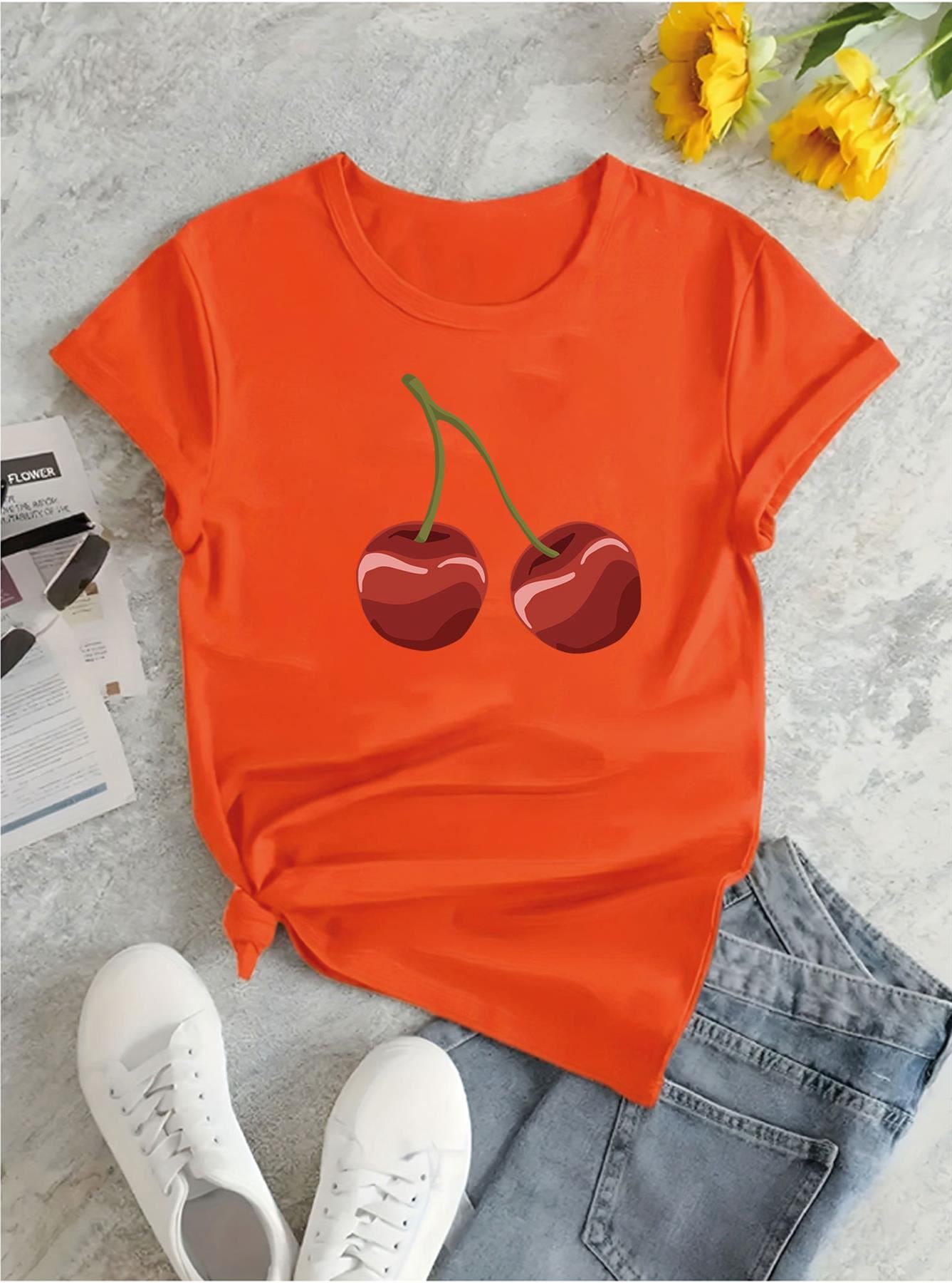 Women's Cherry Graphic T-Shirt Short Sleeve Girls Crew Neck Casual Trendy Top - Picture 9 of 16