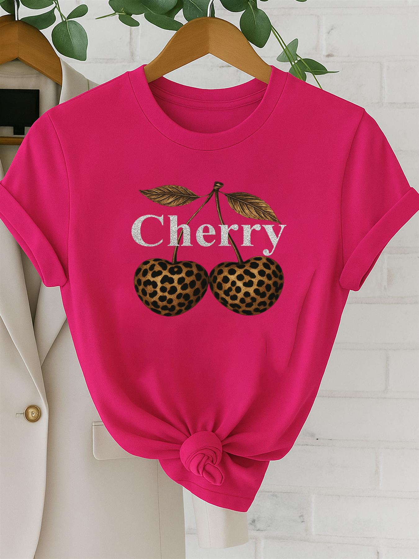 Women Cherry Graphic T-Shirt Leopard Print Short Sleeve Girls Top Tees - Bild 4 von 15
