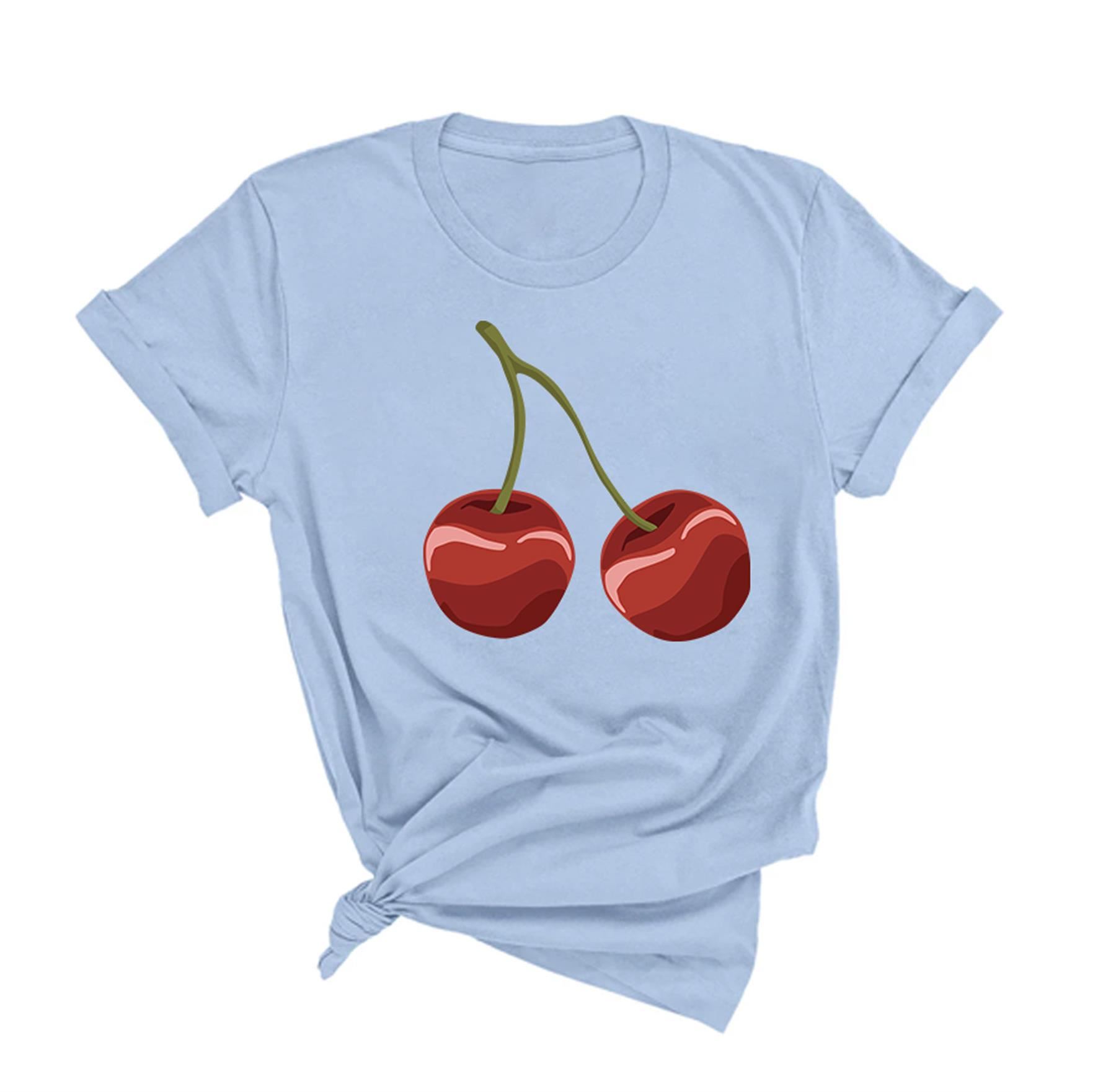 Women's Cherry Graphic T-Shirt Short Sleeve Girls Crew Neck Casual Trendy Top - Picture 13 of 16