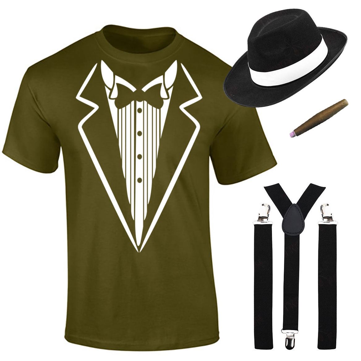 Herren Jungen Gangster bedruckt T-Shirt Hosenträger Hut Zigarre Set Mottoparty Kostüm - Bild 6 von 16