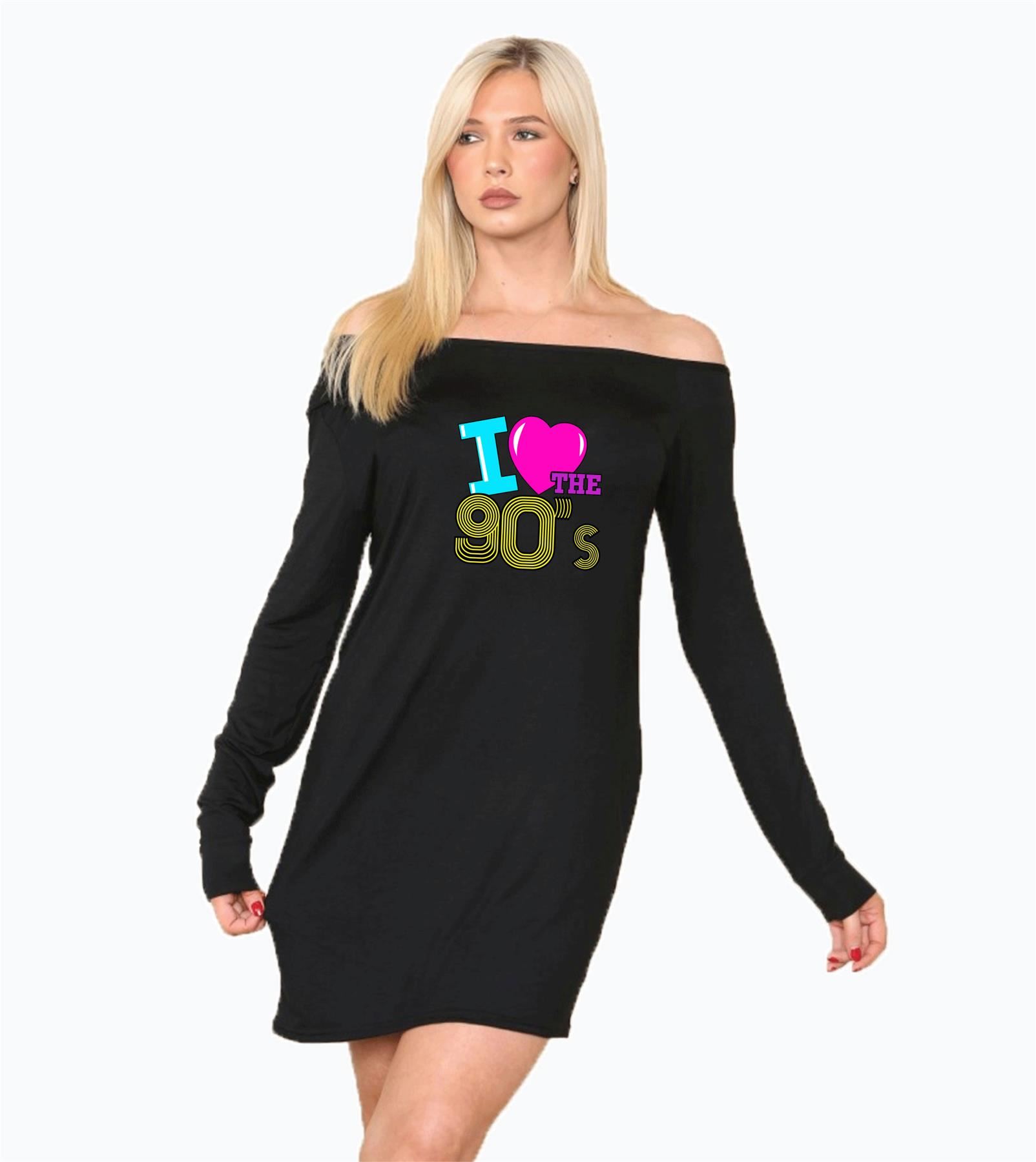 Ladies I Love The 90s Slant Shoulder Short Sleeve Oversized Party Dress Outfit - Picture 14 of 15