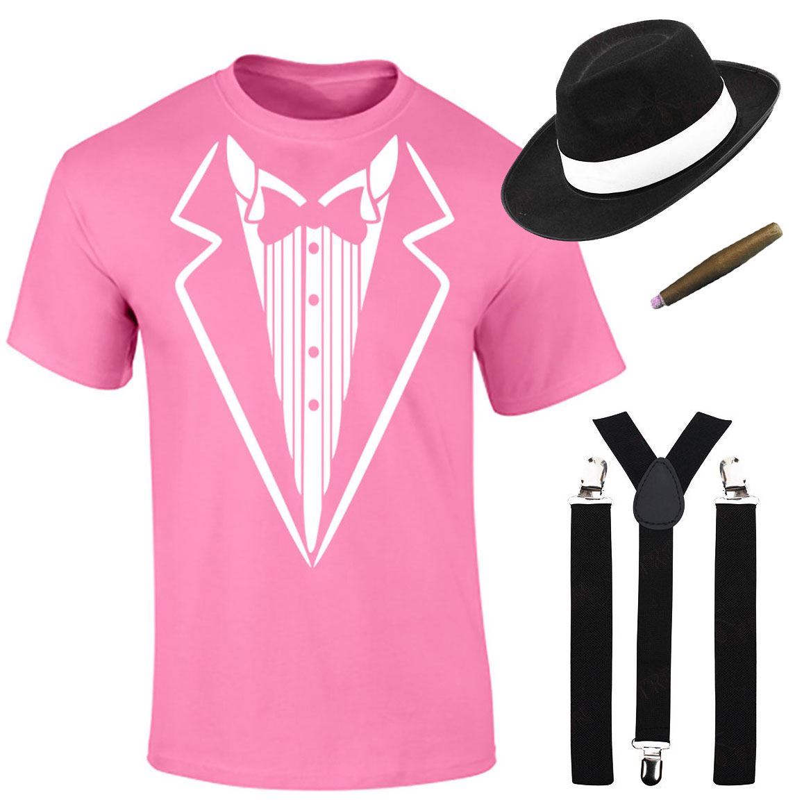 Herren Jungen Gangster bedruckt T-Shirt Hosenträger Hut Zigarre Set Mottoparty Kostüm - Bild 13 von 16