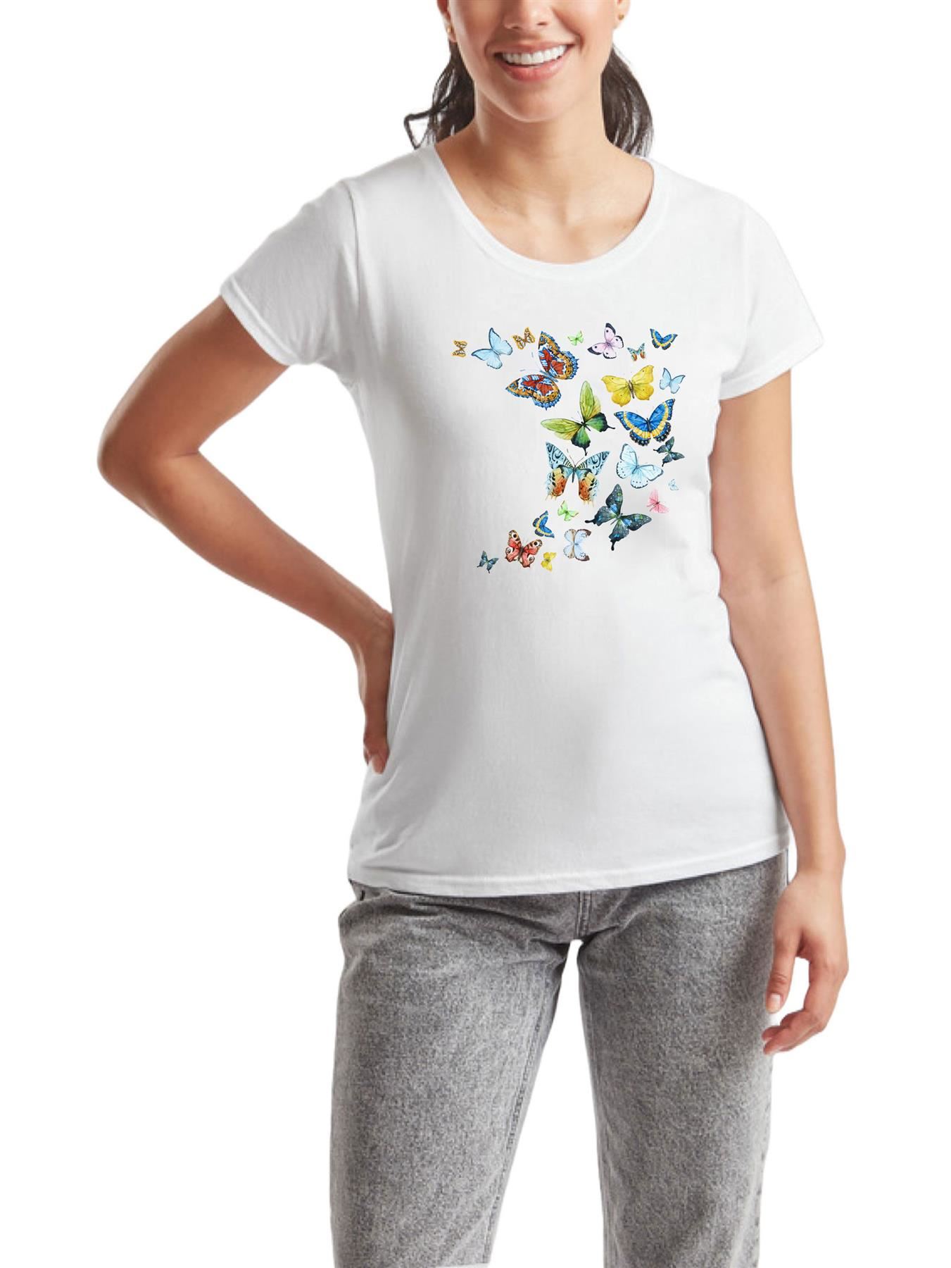Women's Butterfly patterned Short Sleeve T-Shirt Fancy Butterfly design Top Tee - Picture 23 of 29