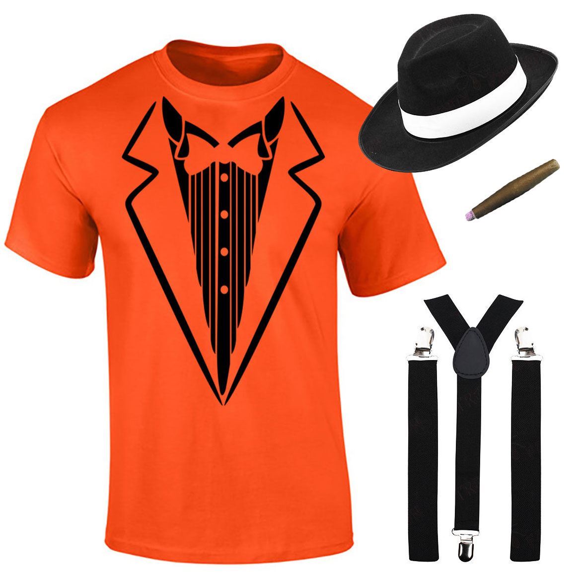 Herren Jungen Gangster bedruckt T-Shirt Hosenträger Hut Zigarre Set Mottoparty Kostüm - Bild 11 von 16