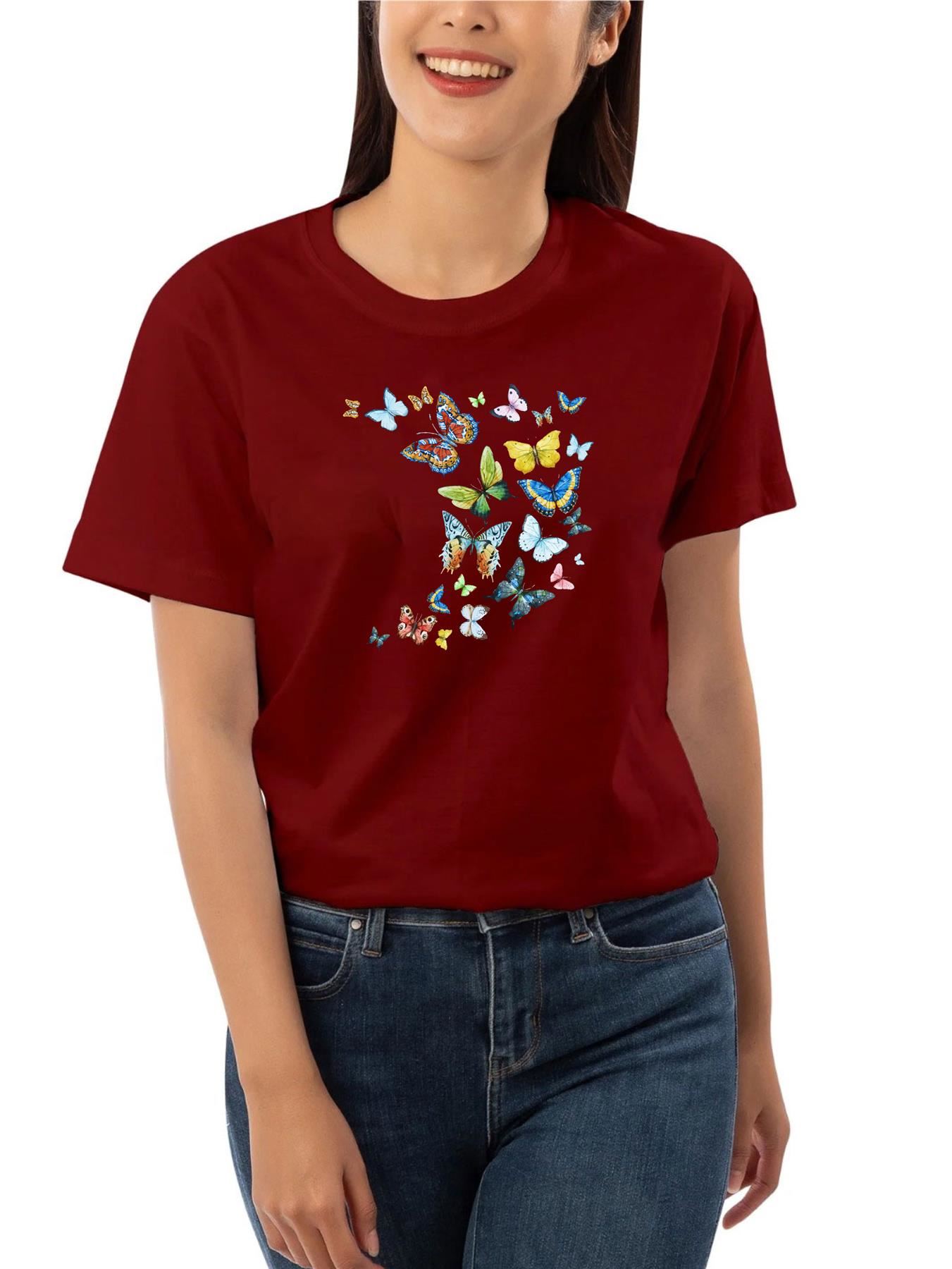 Women's Butterfly patterned Short Sleeve T-Shirt Fancy Butterfly design Top Tee - Picture 26 of 29