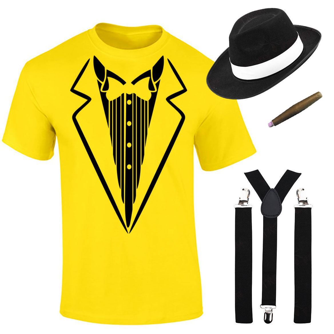 Herren Jungen Gangster bedruckt T-Shirt Hosenträger Hut Zigarre Set Mottoparty Kostüm - Bild 16 von 16