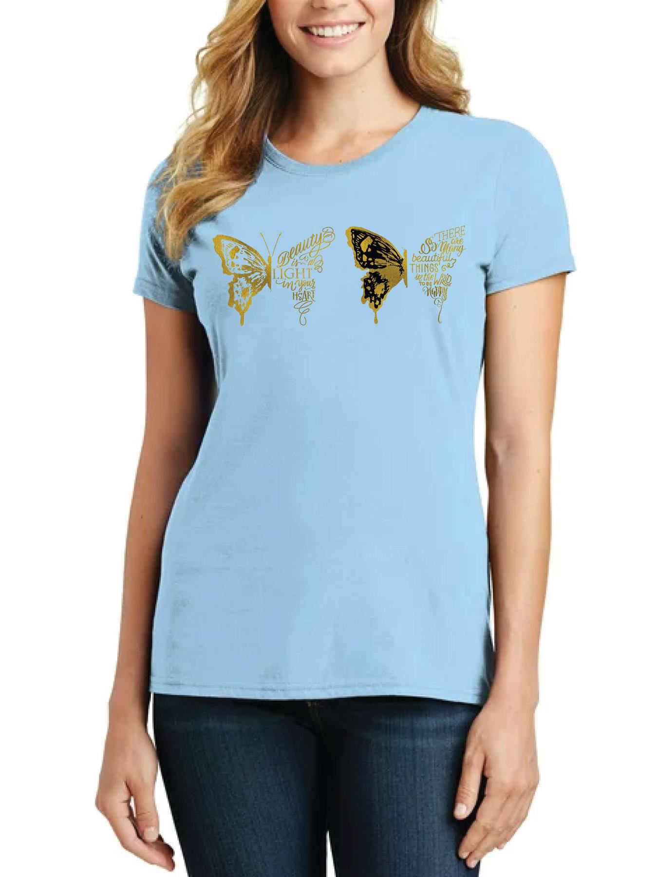 Women's Butterfly patterned Short Sleeve T-Shirt Fancy Butterfly design Top Tee - Picture 18 of 29