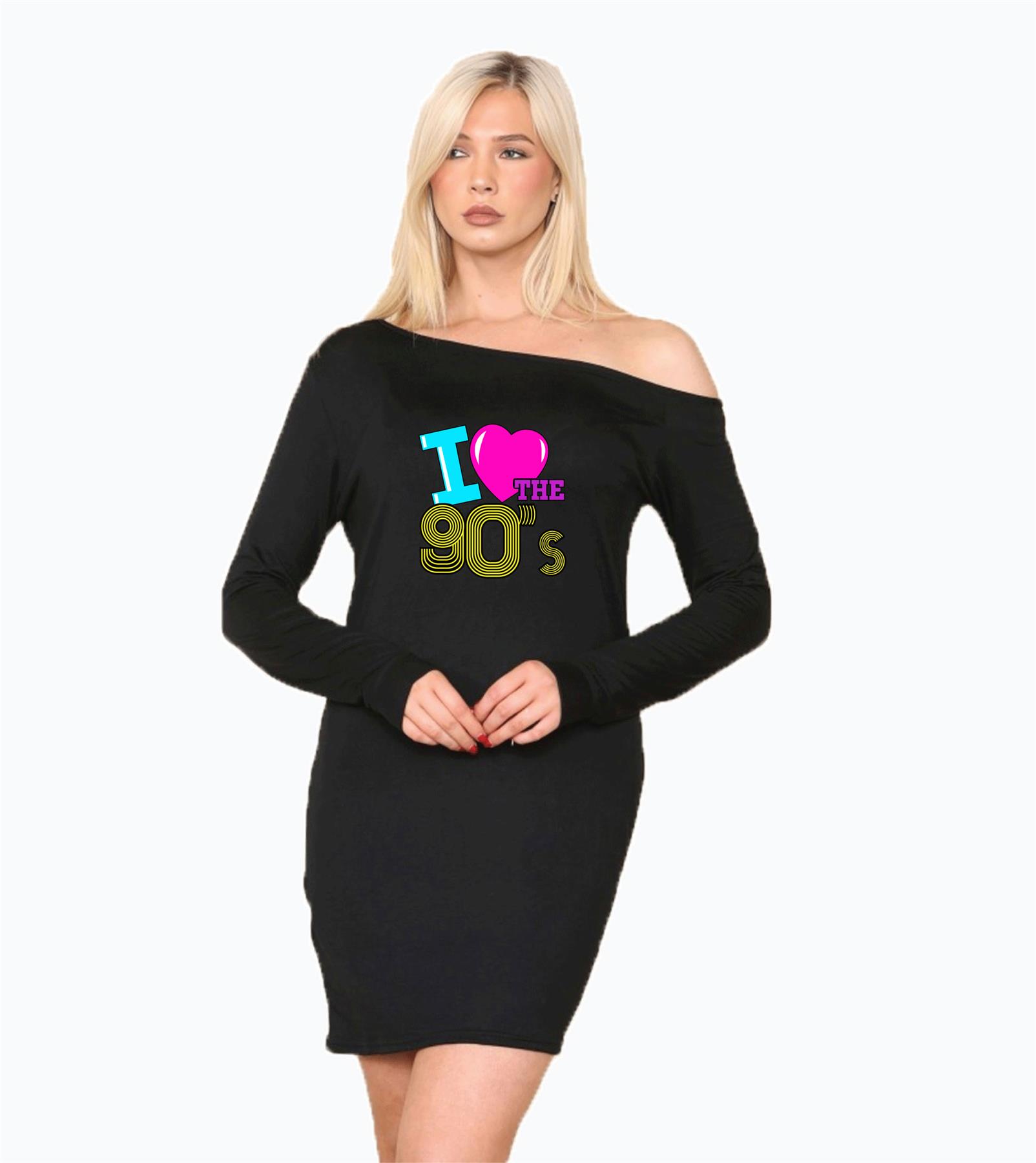 Ladies I Love The 90s Slant Shoulder Short Sleeve Oversized Party Dress Outfit - Picture 15 of 15